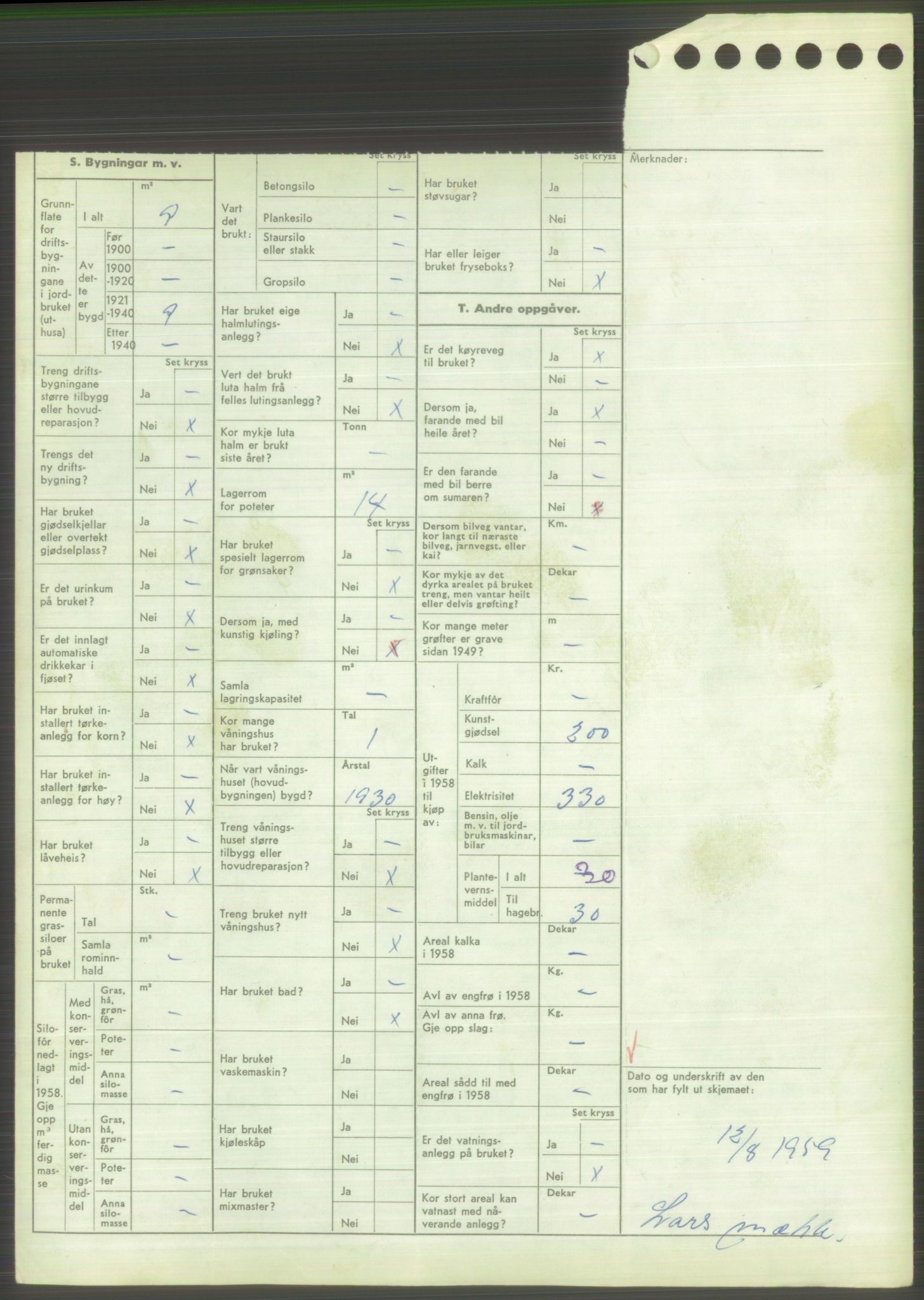 Statistisk sentralbyrå, Næringsøkonomiske emner, Jordbruk, skogbruk, jakt, fiske og fangst, AV/RA-S-2234/G/Gd/L0373: Rogaland: 1130 Strand (kl. 1-2), 1131 Årdal og 1132 Fister, 1959, p. 1094