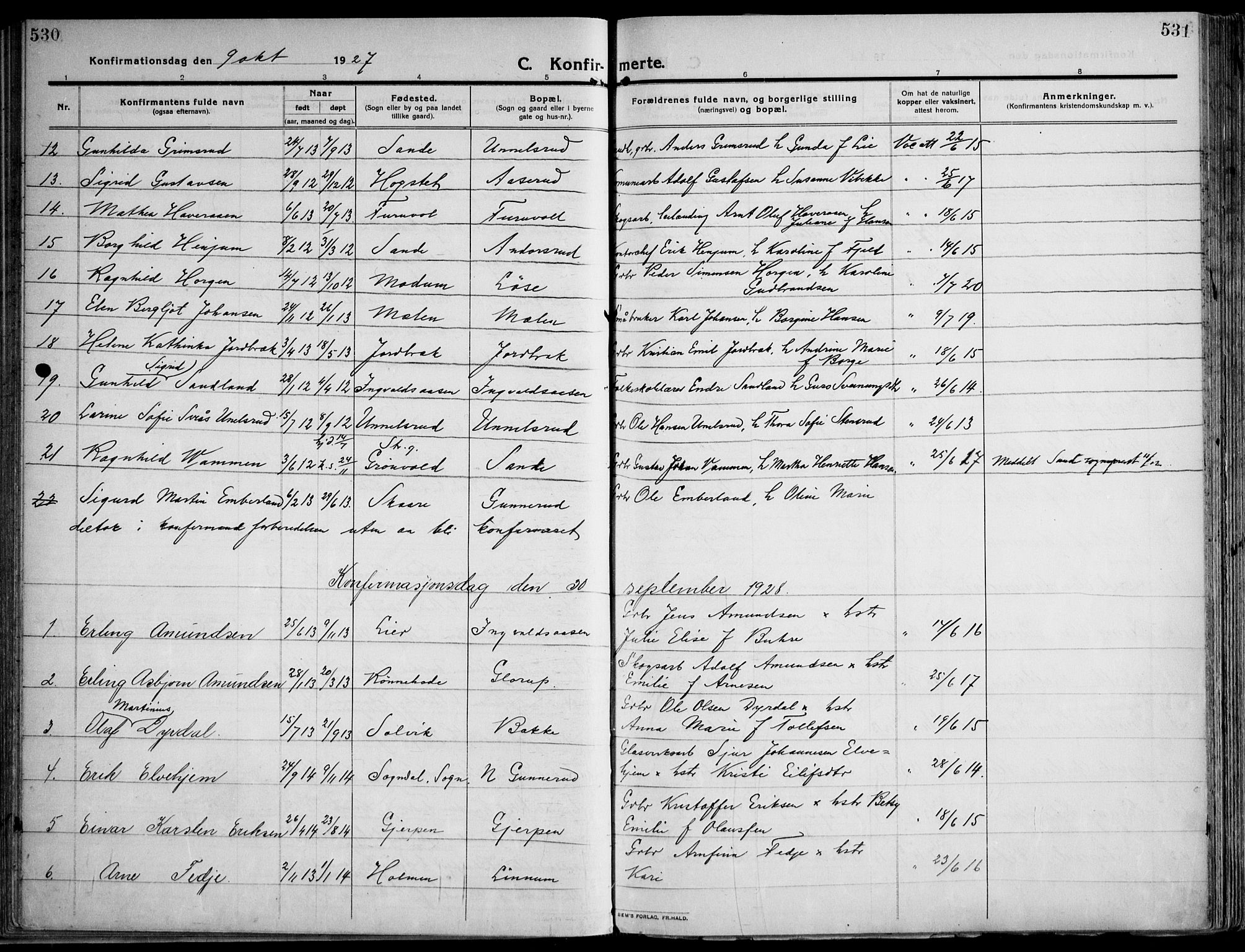 Skoger kirkebøker, AV/SAKO-A-59/F/Fa/L0007: Parish register (official) no. I 7, 1911-1936, p. 530-531