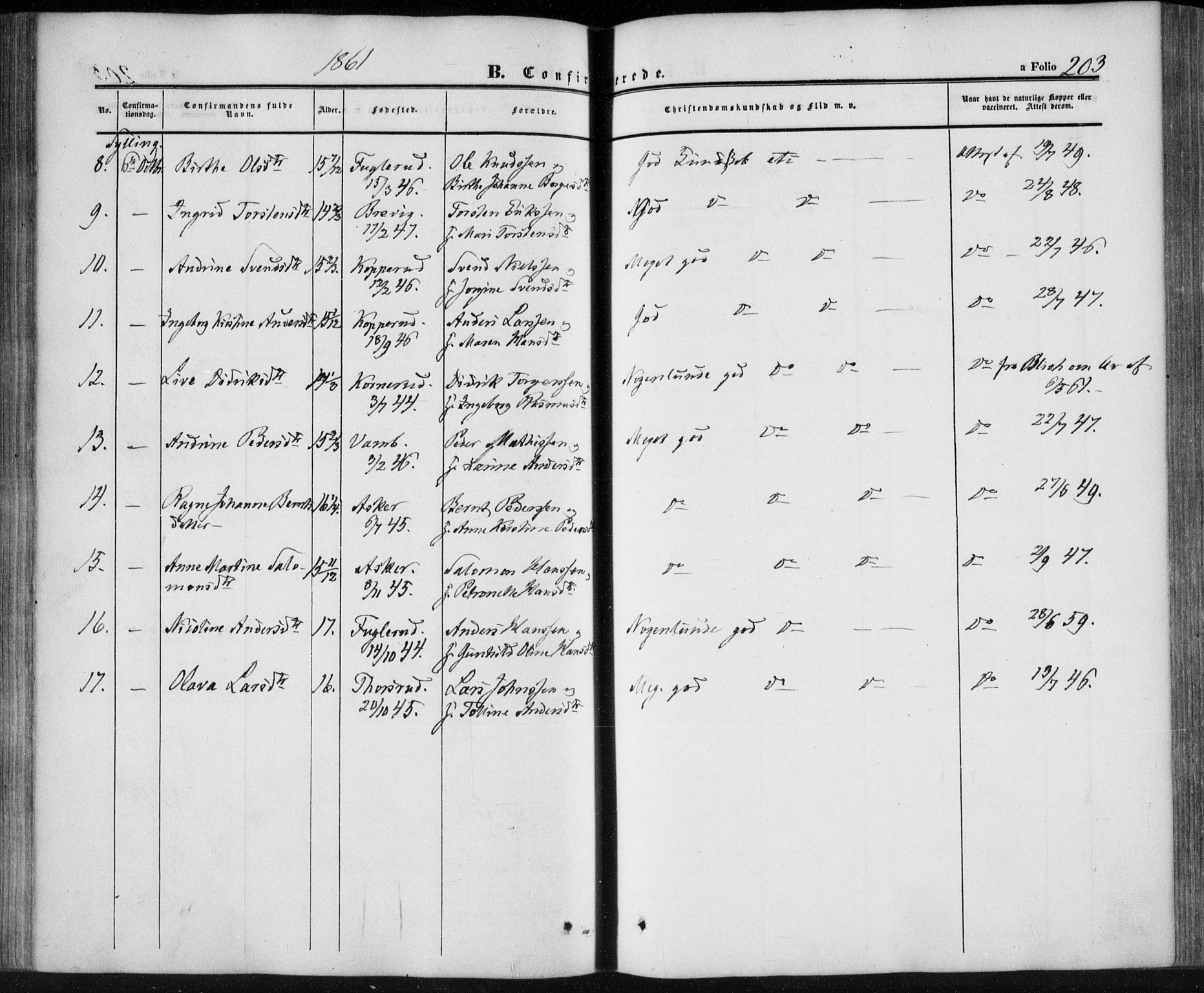 Lier kirkebøker, AV/SAKO-A-230/F/Fa/L0012: Parish register (official) no. I 12, 1854-1864, p. 203