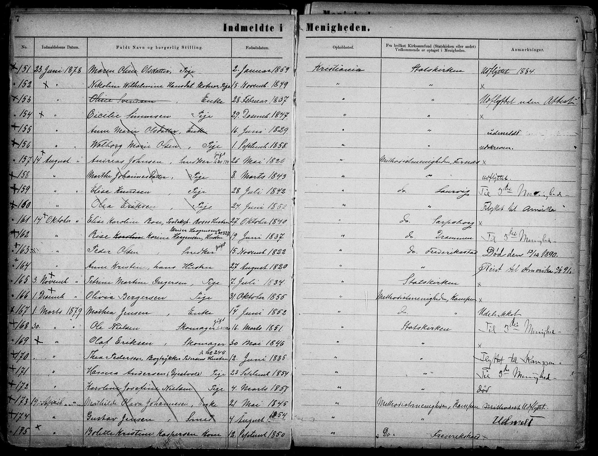 Første Metodistkirke Oslo -  menighetsprotokoller, SAO/PAO-0067/F/L0002: Dissenter register no. 2, 1883-1892, p. 7