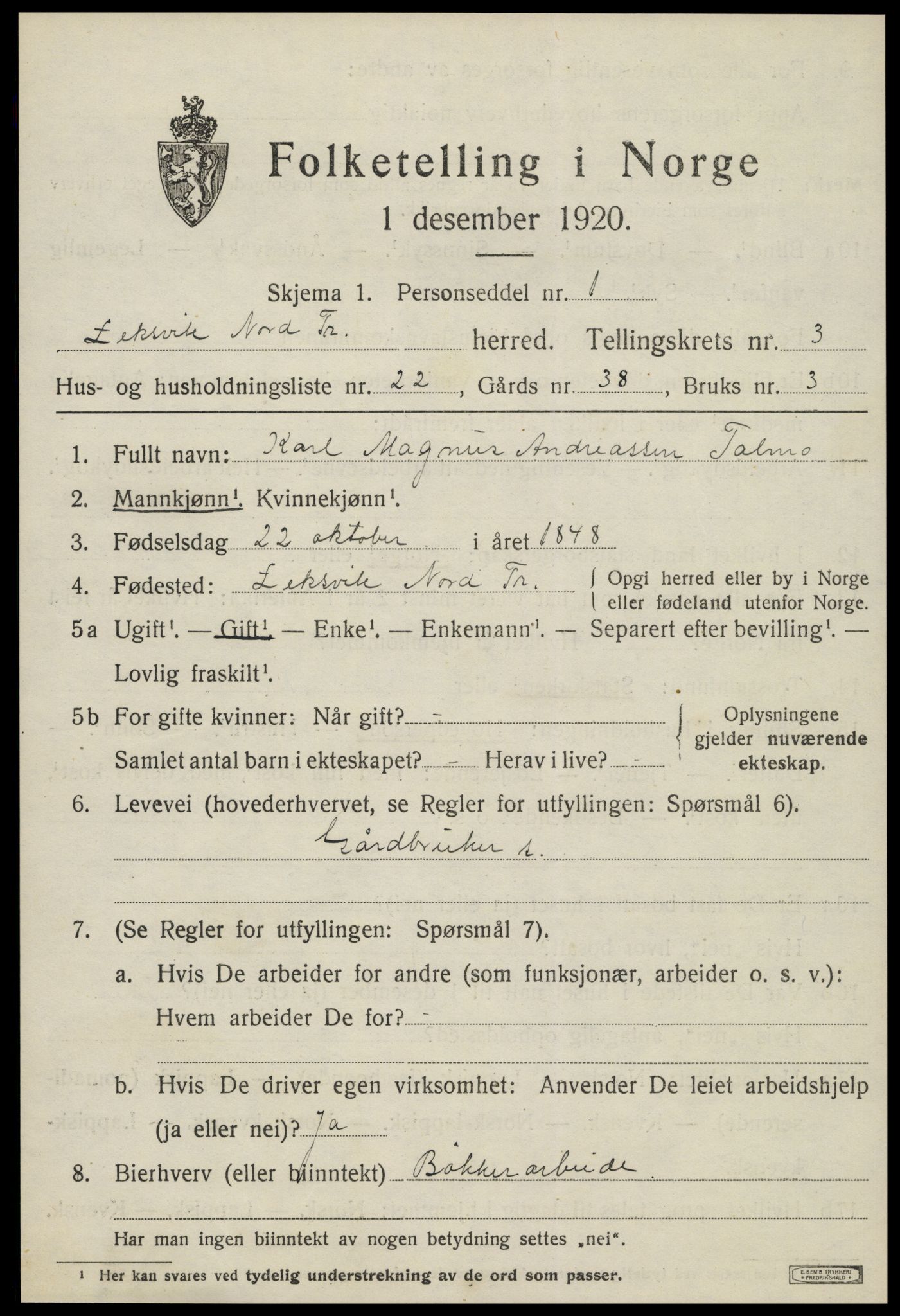 SAT, 1920 census for Leksvik, 1920, p. 3160