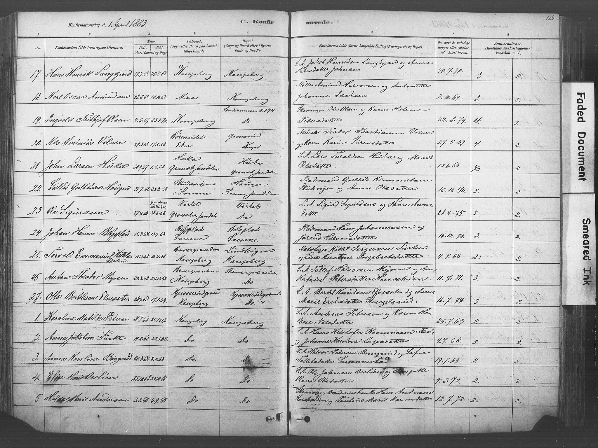 Kongsberg kirkebøker, SAKO/A-22/F/Fb/L0001: Parish register (official) no. II 1, 1878-1886, p. 126