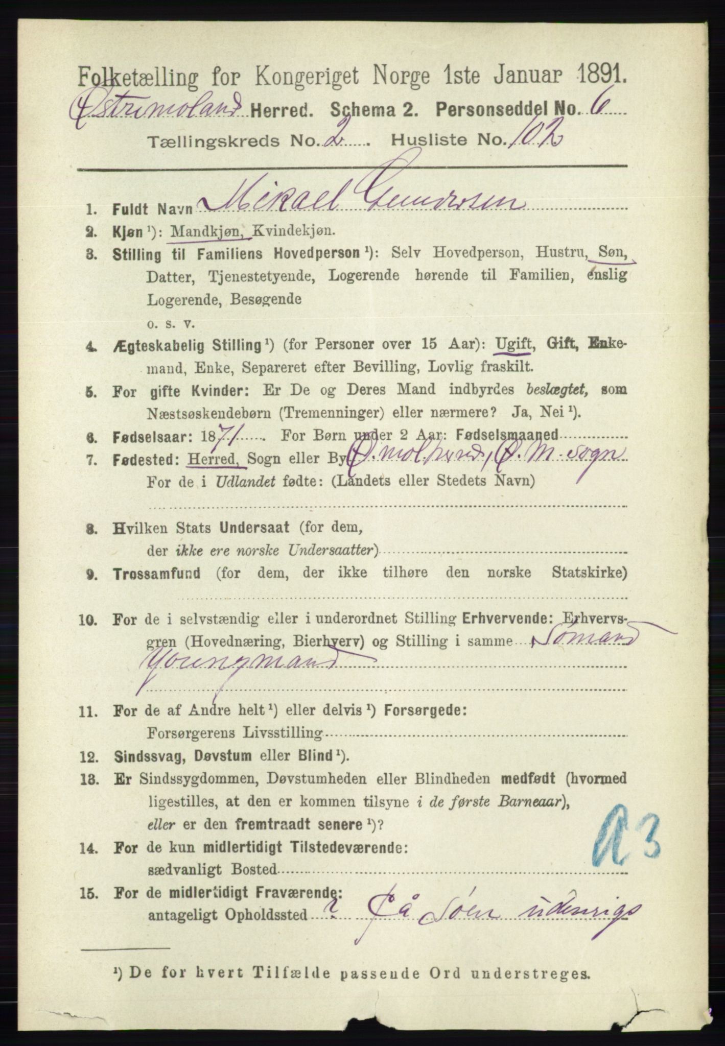 RA, 1891 census for 0918 Austre Moland, 1891, p. 1286