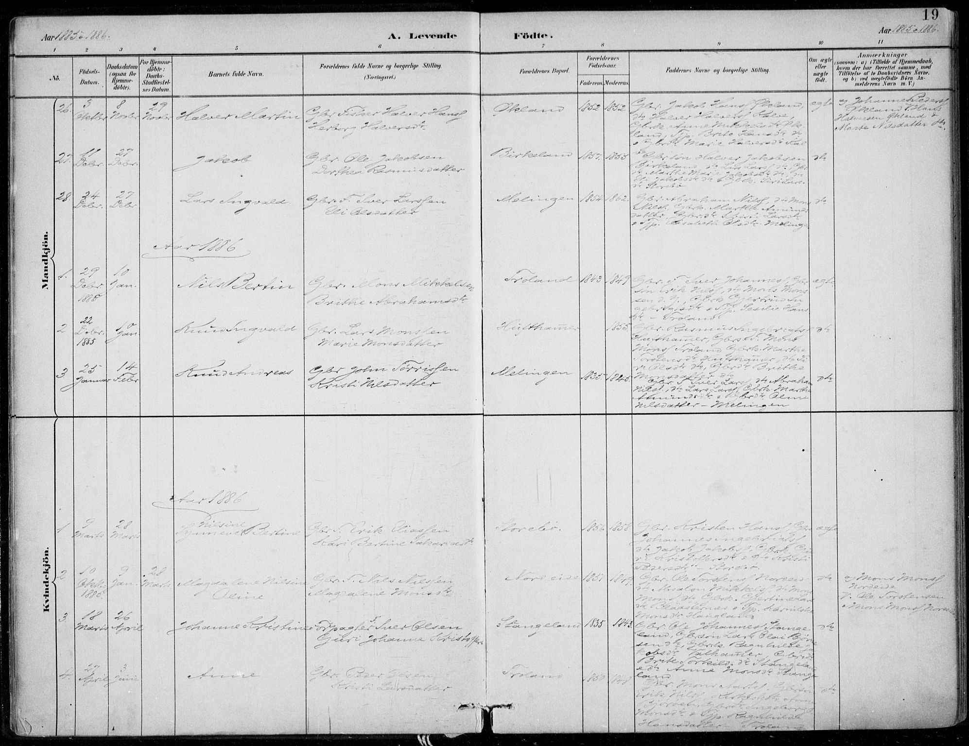 Sund sokneprestembete, AV/SAB-A-99930: Parish register (official) no. C  1, 1882-1899, p. 19