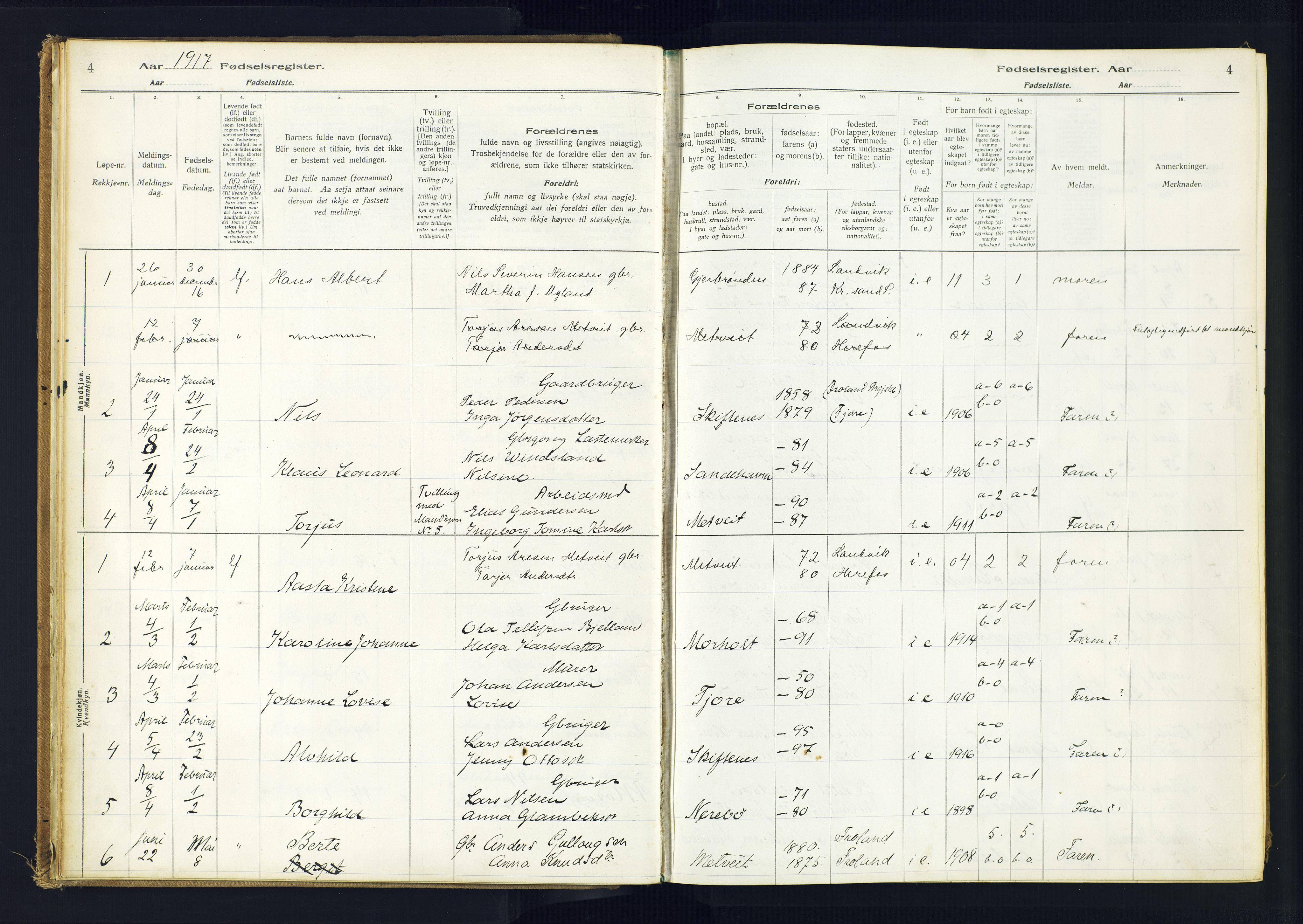 Hommedal sokneprestkontor, SAK/1111-0023/J/Jd/L0001: Birth register no. 1, 1916-1962, p. 4