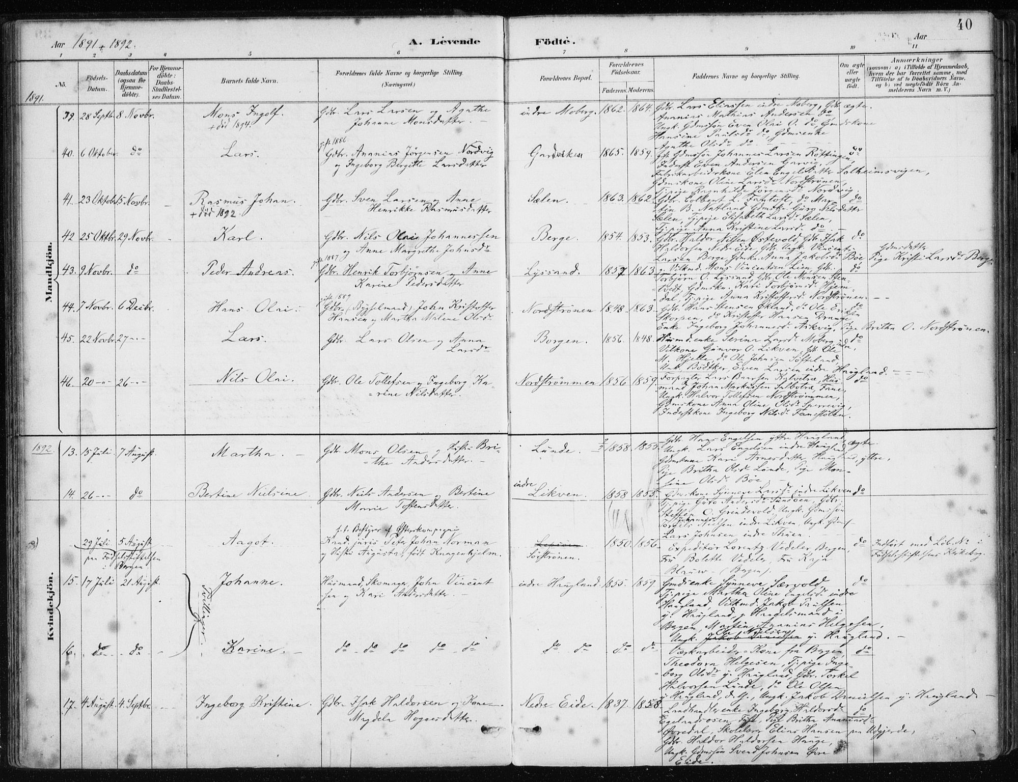 Os sokneprestembete, AV/SAB-A-99929: Parish register (official) no. B 1, 1885-1902, p. 40