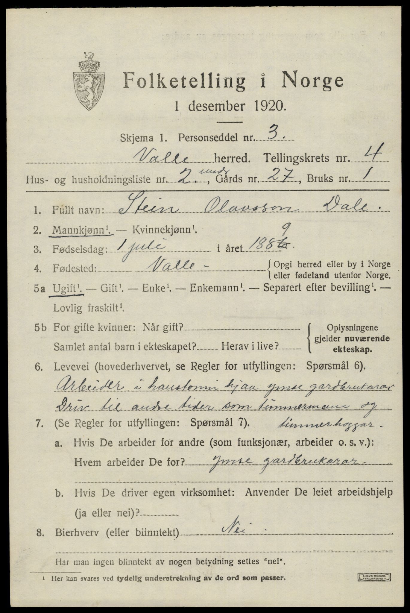 SAK, 1920 census for Valle, 1920, p. 2005