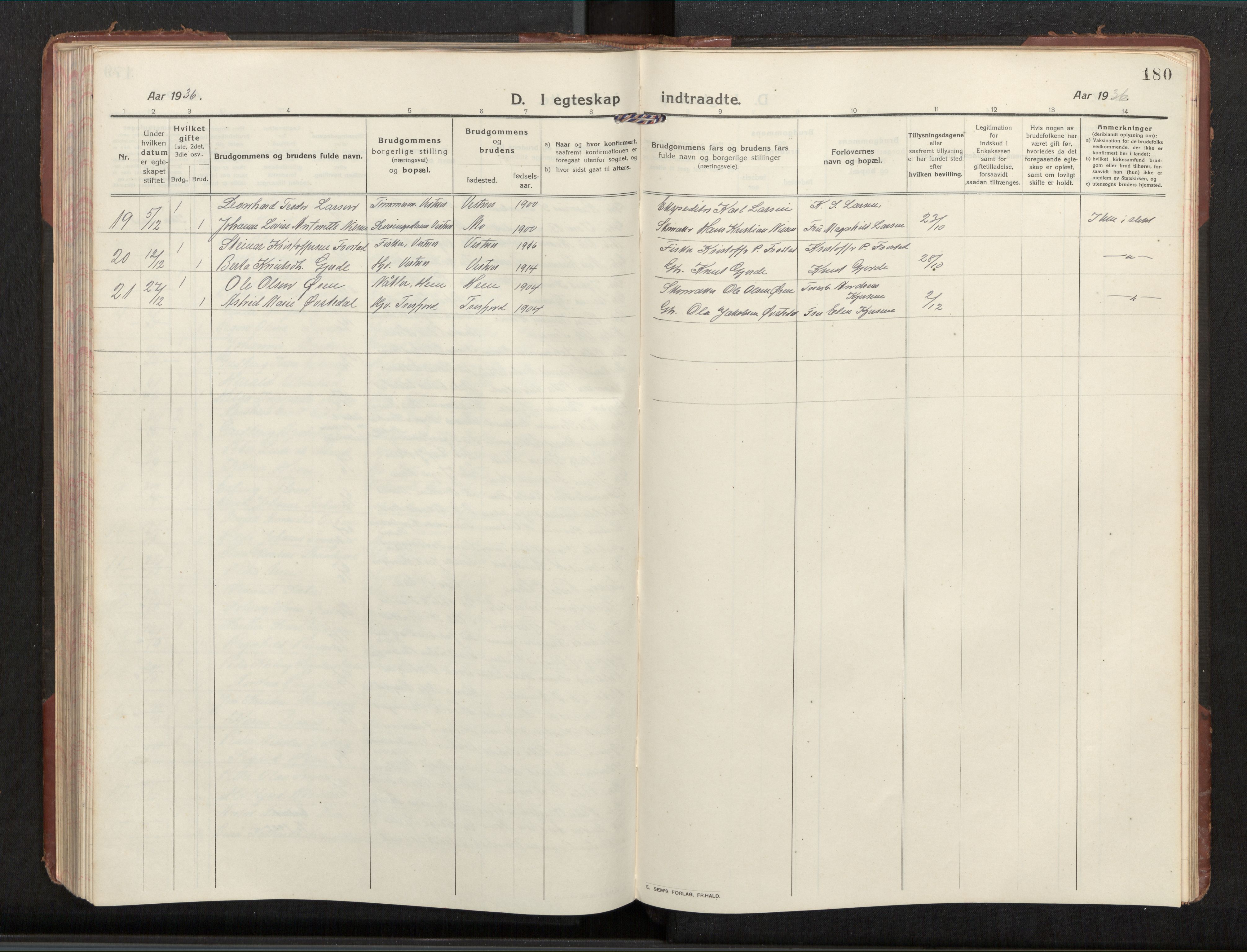 Ministerialprotokoller, klokkerbøker og fødselsregistre - Møre og Romsdal, SAT/A-1454/539/L0536a: Parish register (copy) no. 539C03, 1912-1936, p. 180