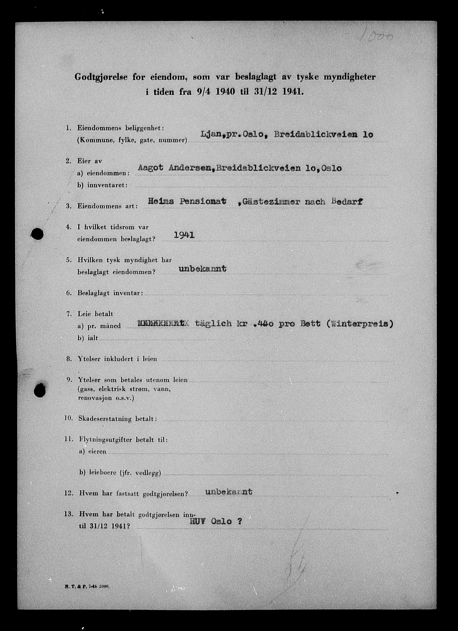 Justisdepartementet, Tilbakeføringskontoret for inndratte formuer, RA/S-1564/I/L1010: Godtgjørelse for beslaglagt eiendom, 1940-1941, p. 30