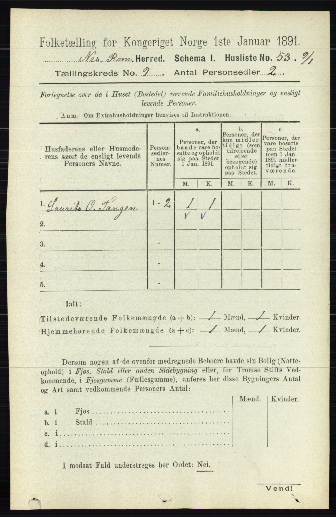 RA, 1891 census for 0236 Nes, 1891, p. 5239