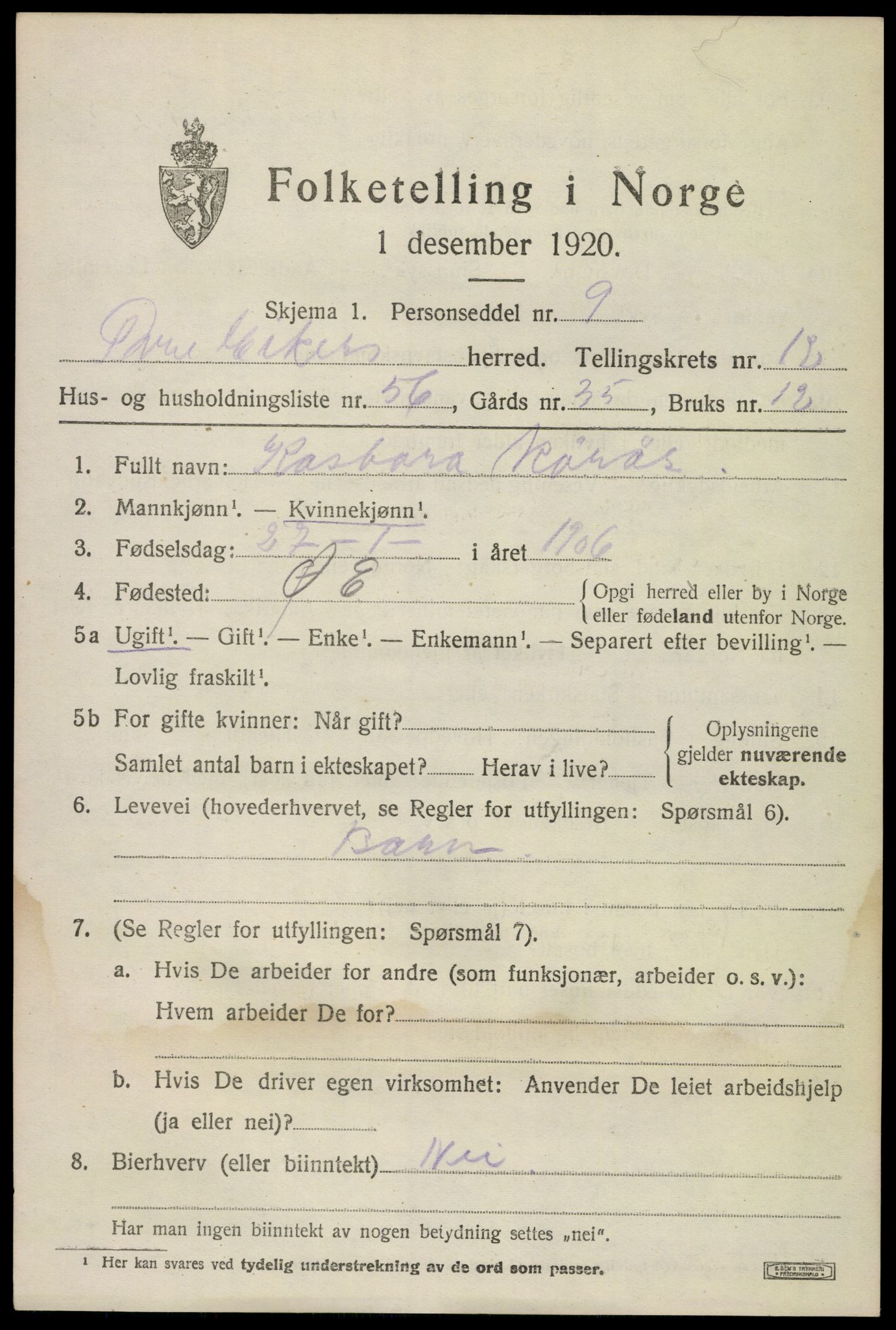 SAKO, 1920 census for Øvre Eiker, 1920, p. 19220