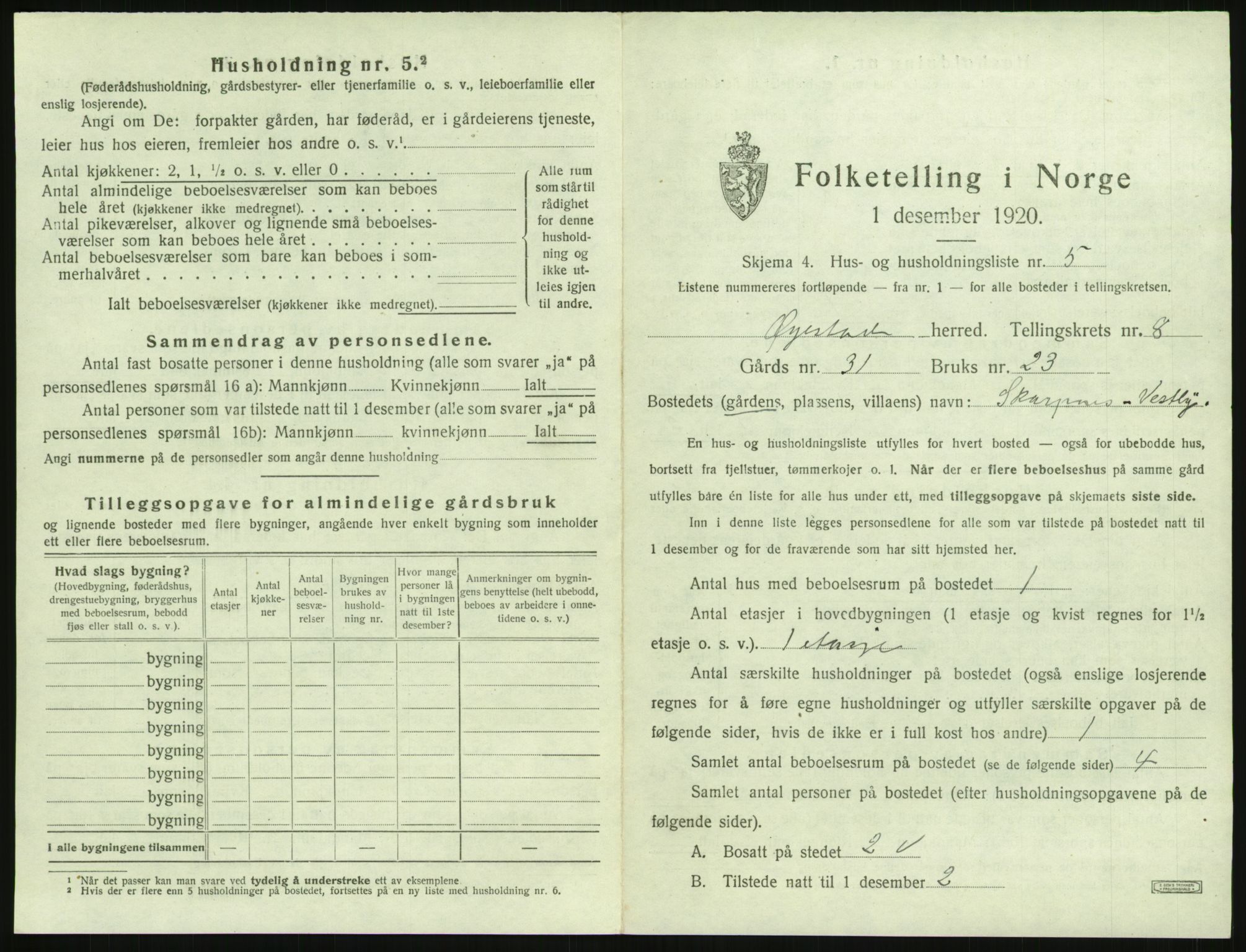 SAK, 1920 census for Øyestad, 1920, p. 744