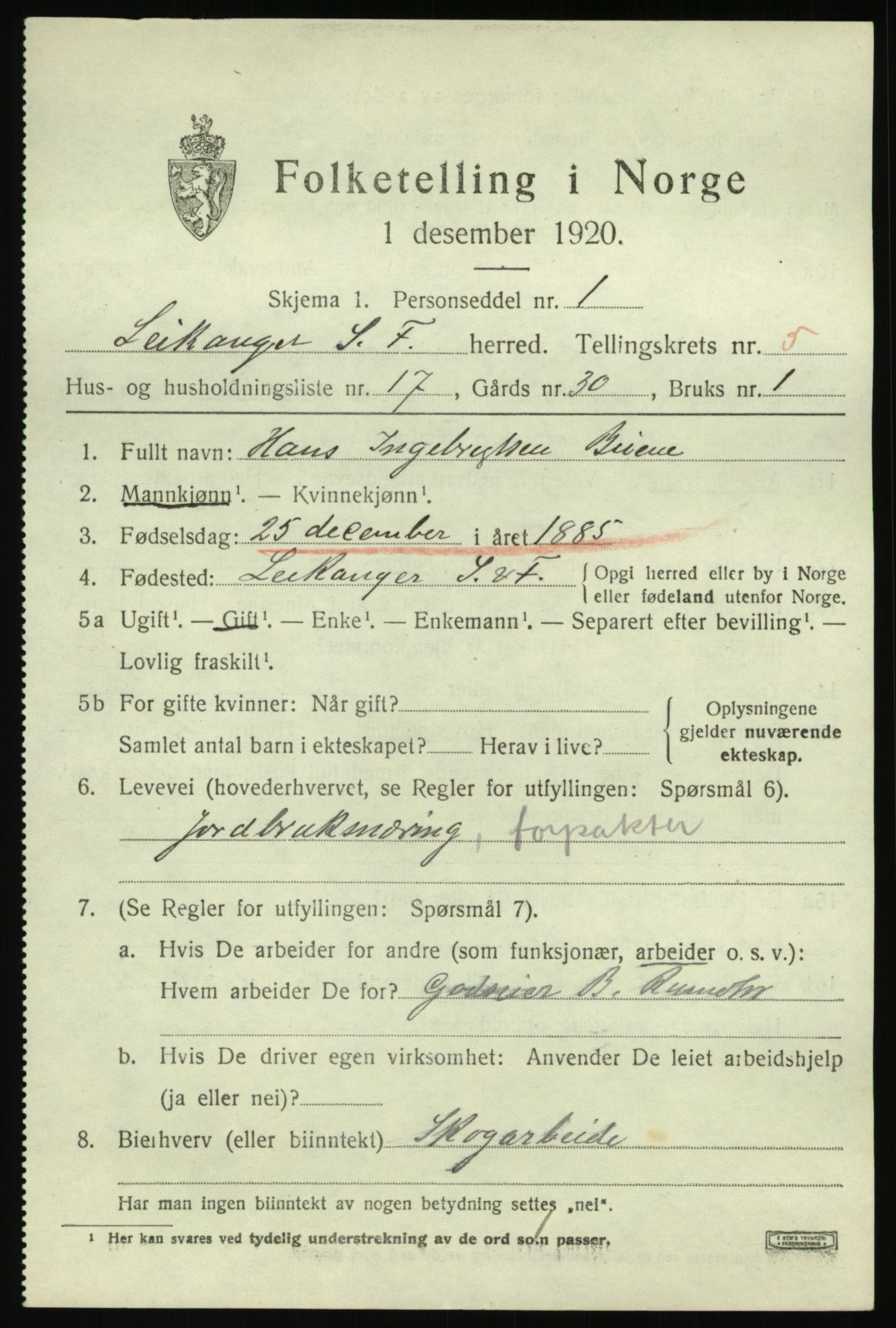 SAB, 1920 census for Leikanger, 1920, p. 3794