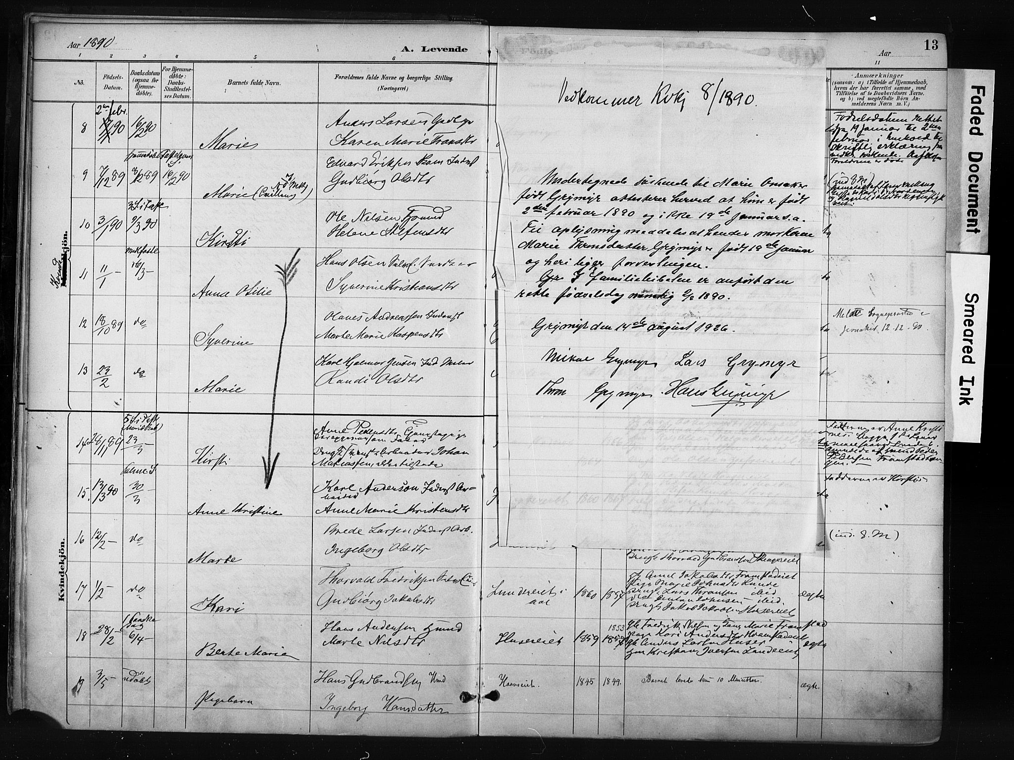 Gran prestekontor, SAH/PREST-112/H/Ha/Haa/L0017: Parish register (official) no. 17, 1889-1897, p. 13