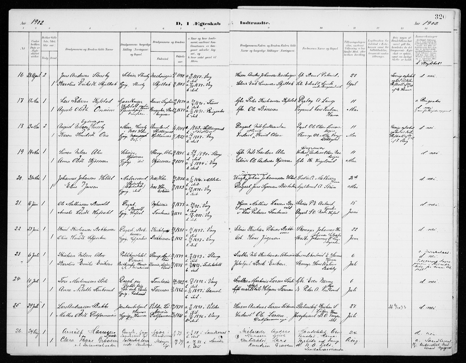 Vang prestekontor, Hedmark, AV/SAH-PREST-008/H/Ha/Haa/L0021: Parish register (official) no. 21, 1902-1917, p. 320