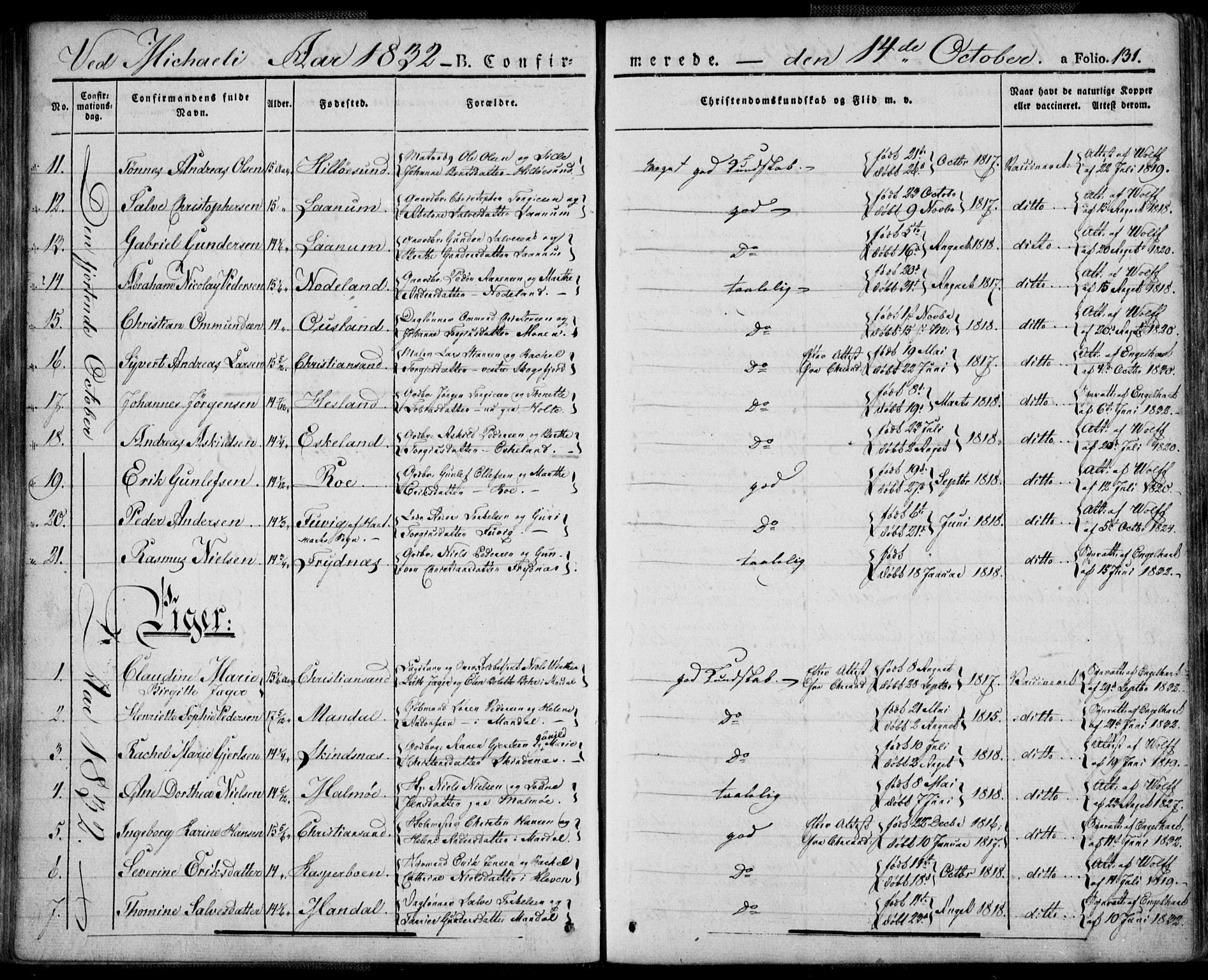 Mandal sokneprestkontor, SAK/1111-0030/F/Fa/Faa/L0011: Parish register (official) no. A 11, 1830-1839, p. 131