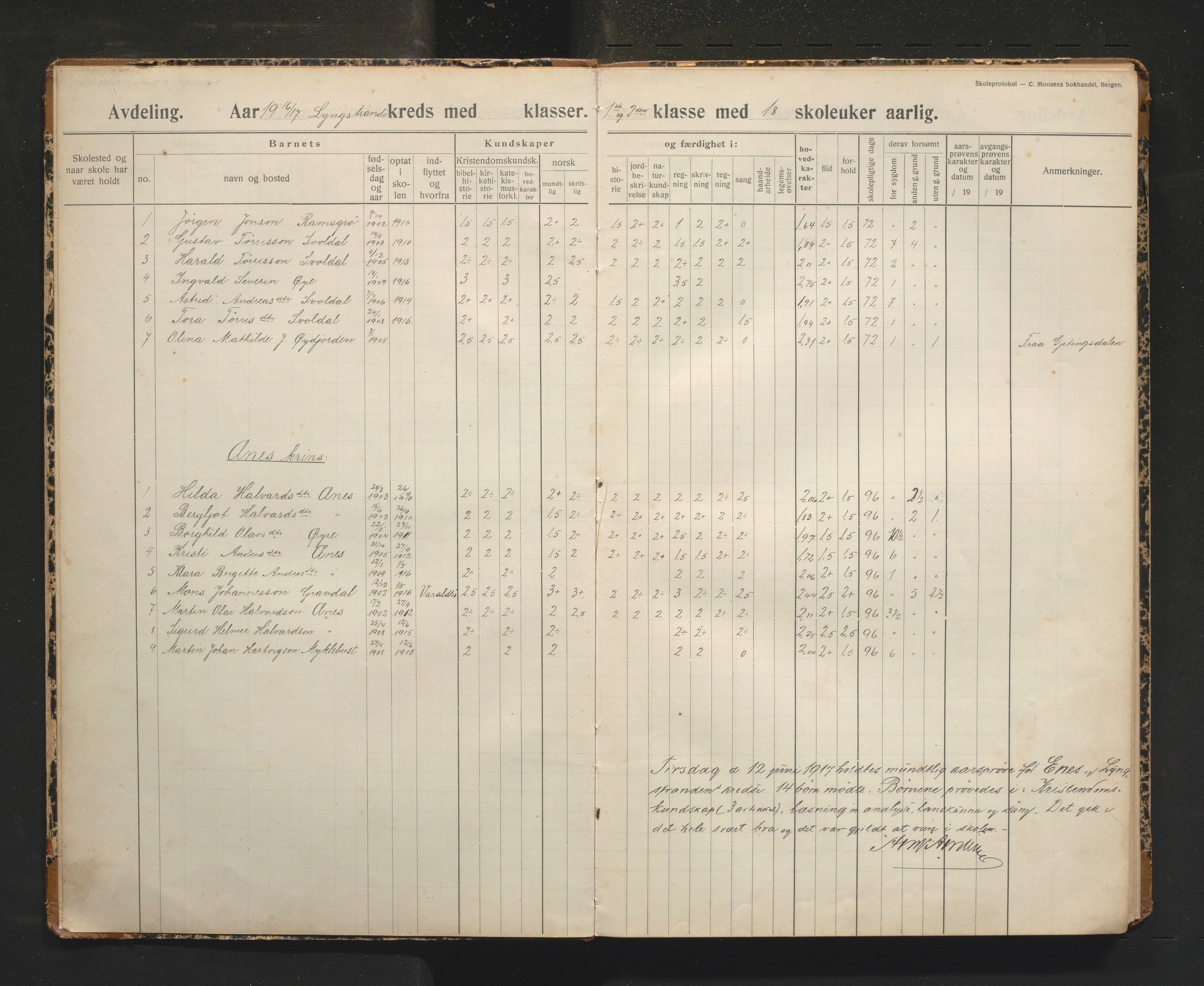 Kvinnherad kommune. Barneskulane, IKAH/1224-231/F/Fd/L0008: Skuleprotokoll for Lyngstranda og Ænes krinsar, 1916-1970