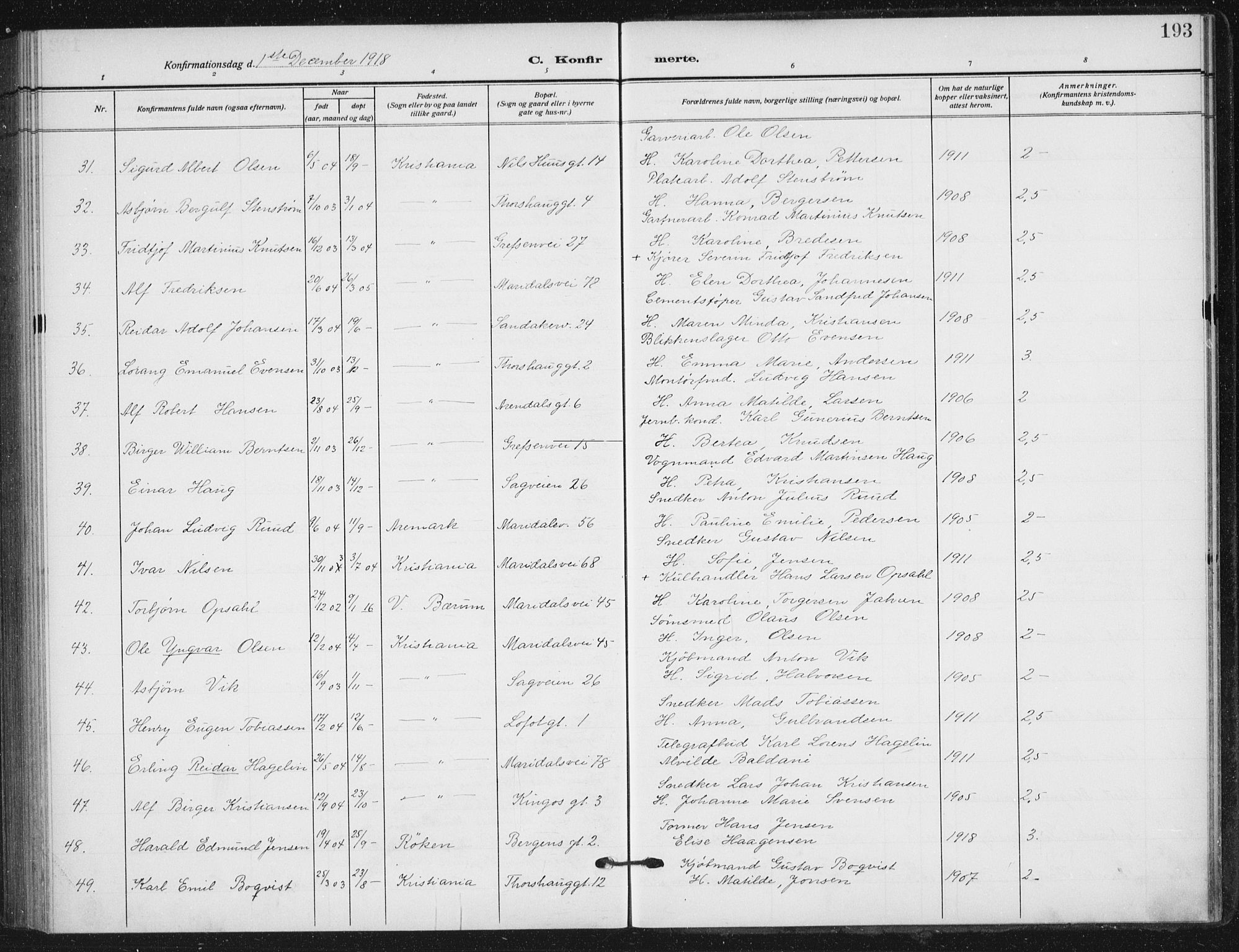 Sagene prestekontor Kirkebøker, SAO/A-10796/F/L0008: Parish register (official) no. 8, 1910-1919, p. 193