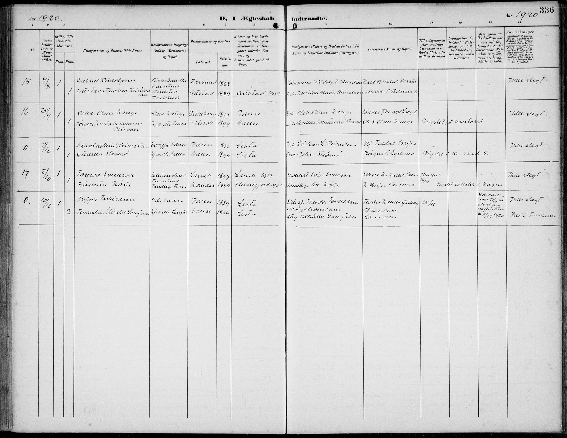 Lista sokneprestkontor, AV/SAK-1111-0027/F/Fb/L0005: Parish register (copy) no. B 5, 1892-1923, p. 336