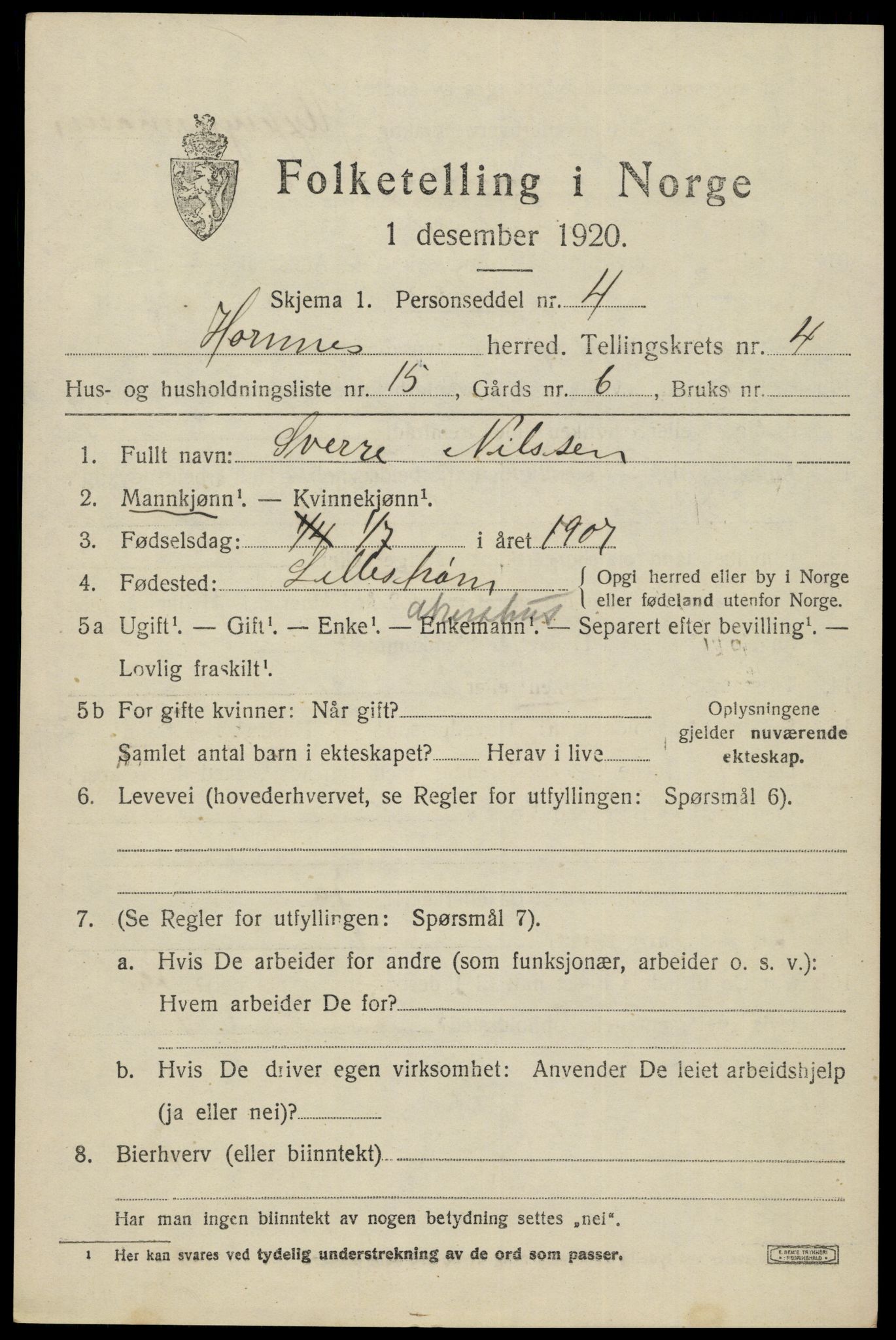 SAK, 1920 census for Hornnes, 1920, p. 1331