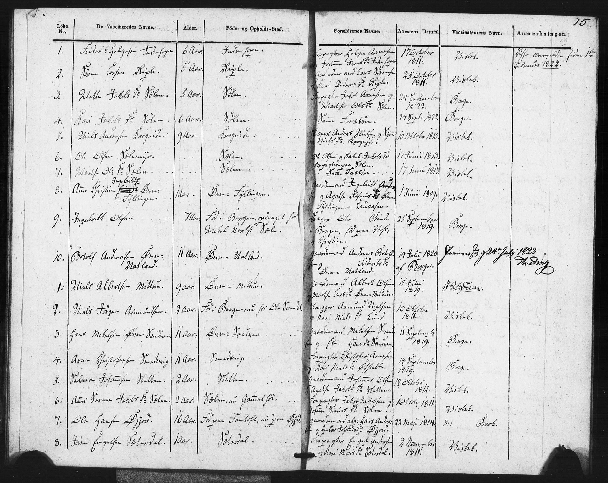 Fana Sokneprestembete, SAB/A-75101/H/Haa/Haaa/L0013: Parish register (official) no. A 13, 1819-1833, p. 15