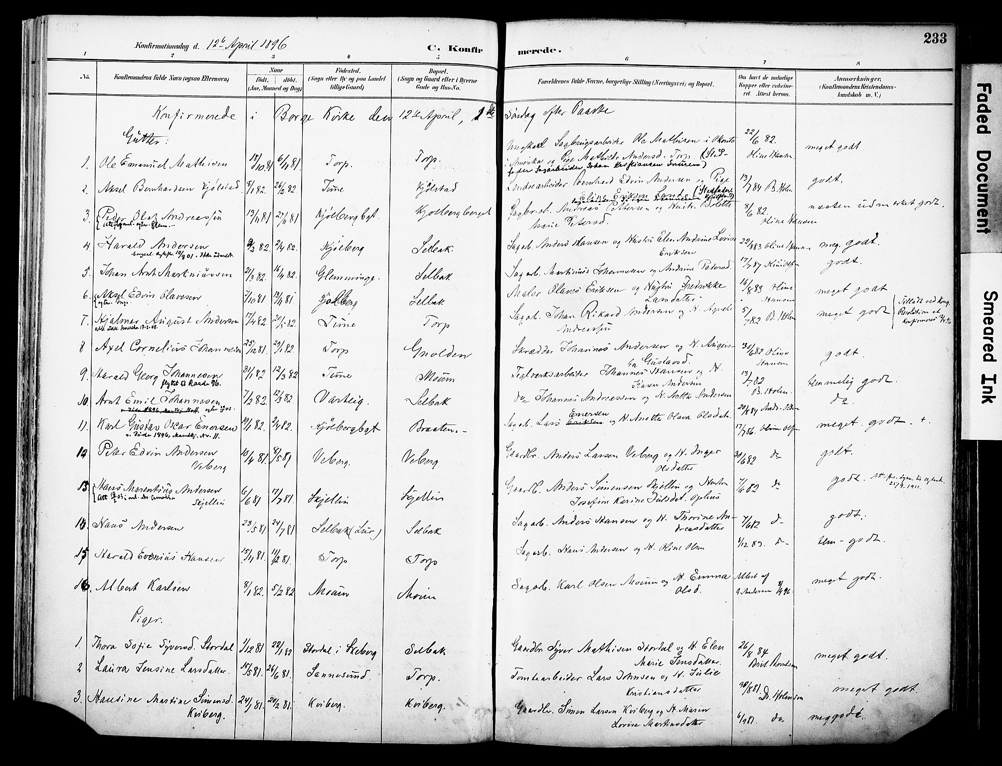 Borge prestekontor Kirkebøker, AV/SAO-A-10903/F/Fa/L0008: Parish register (official) no. I 8B, 1887-1902, p. 233