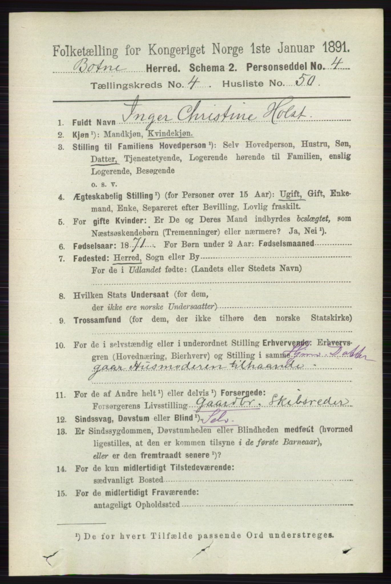 RA, 1891 census for 0715 Botne, 1891, p. 1890