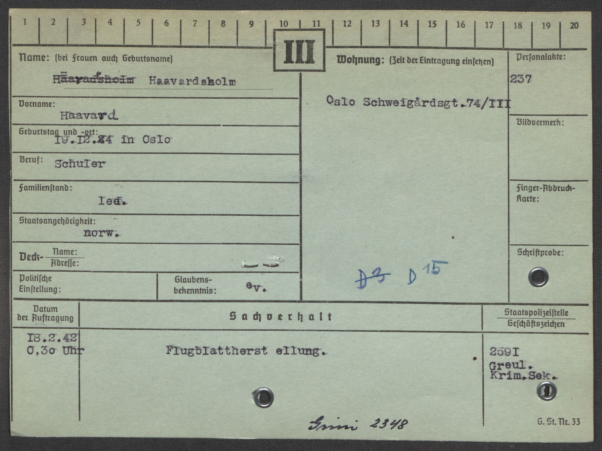 Befehlshaber der Sicherheitspolizei und des SD, AV/RA-RAFA-5969/E/Ea/Eaa/L0005: Register over norske fanger i Møllergata 19: Hø-Kj, 1940-1945, p. 104