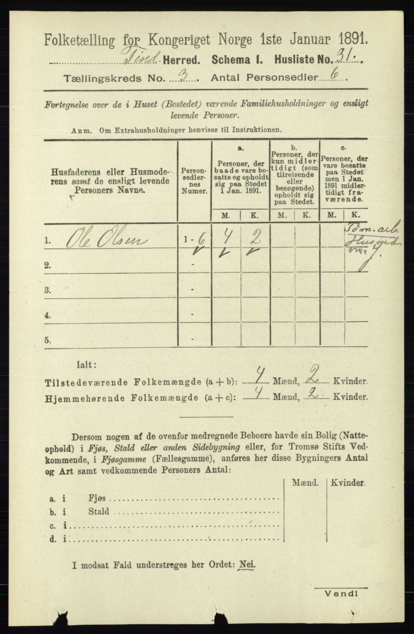 RA, 1891 census for 0826 Tinn, 1891, p. 500