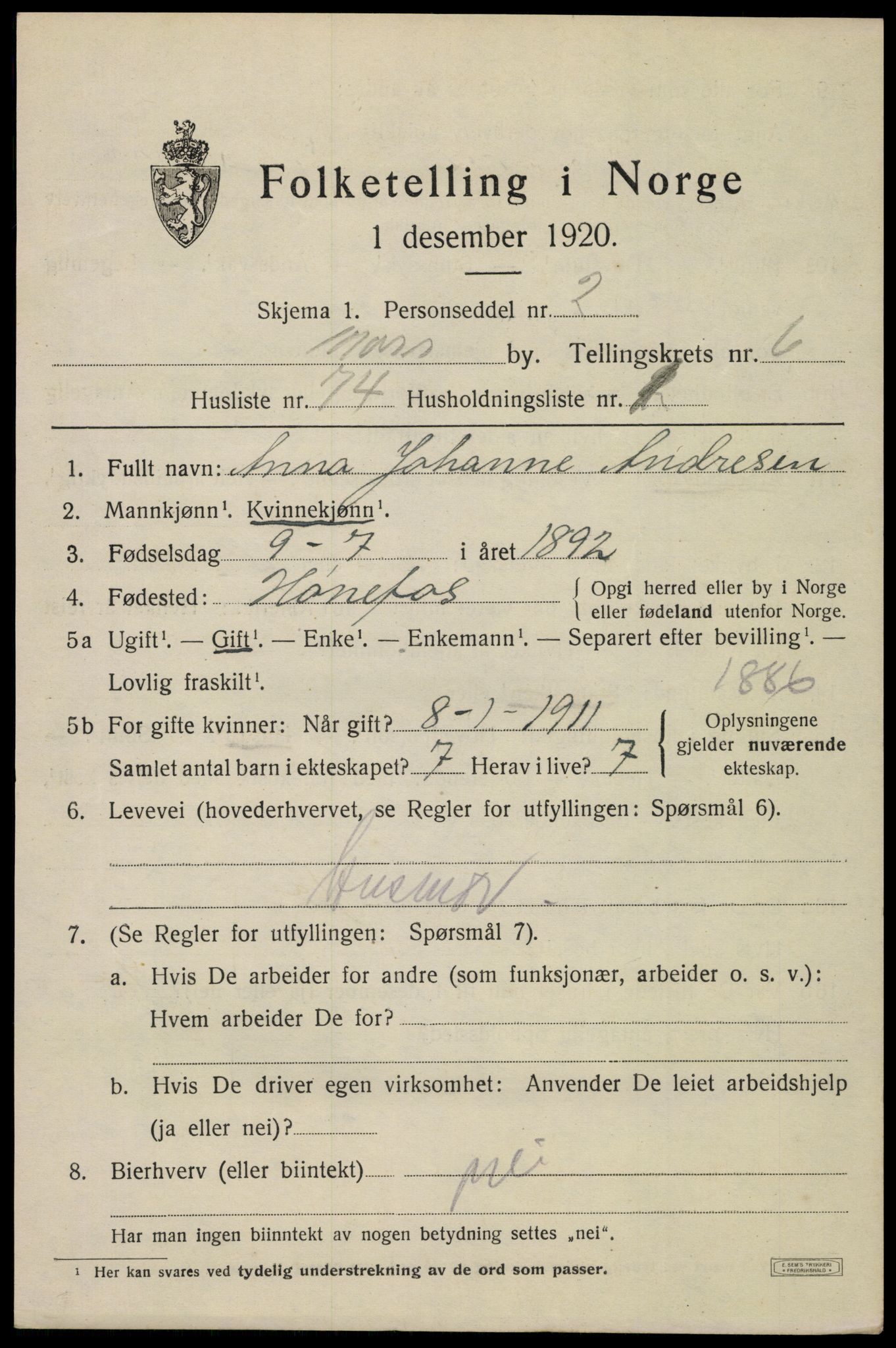 SAO, 1920 census for Moss, 1920, p. 19407