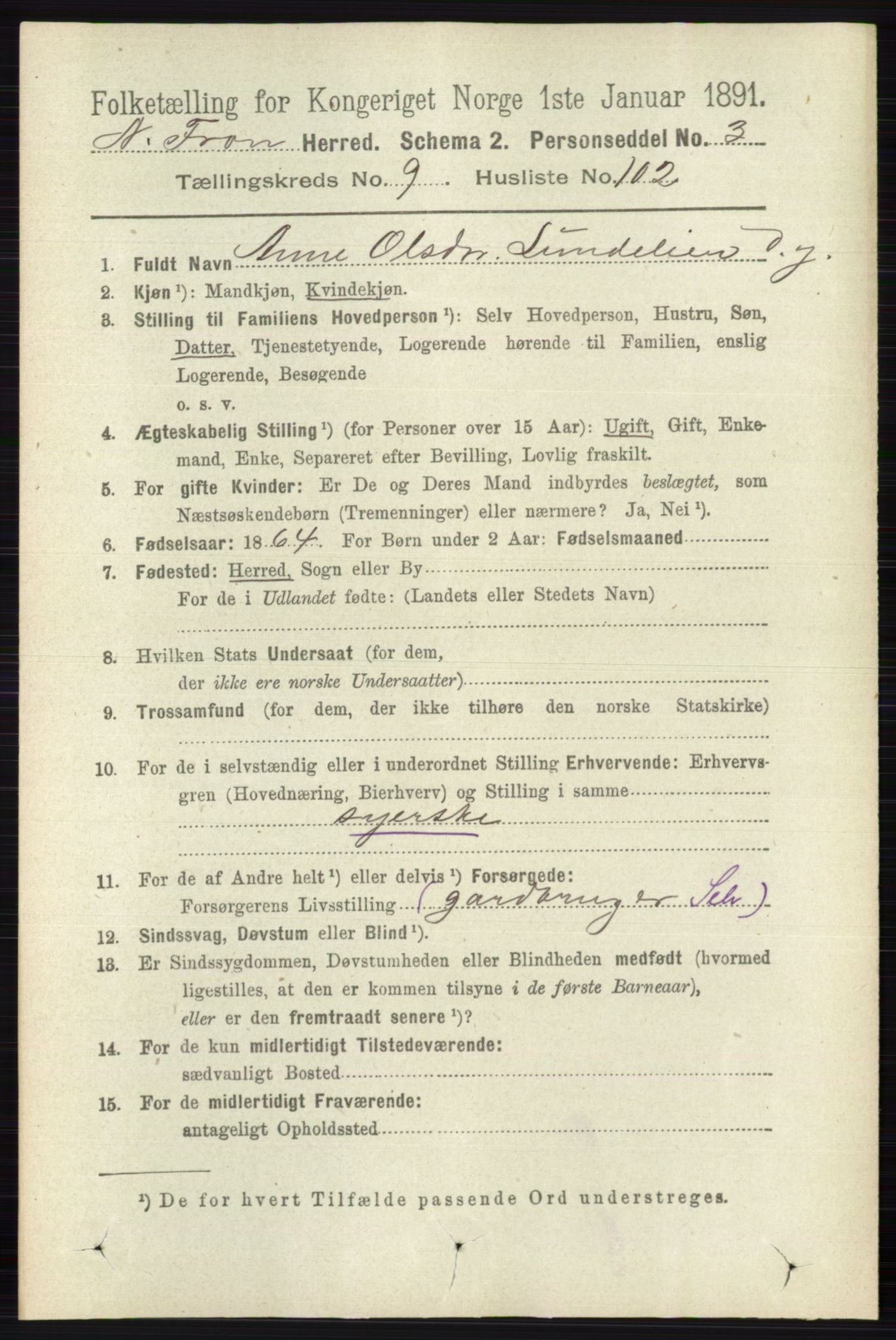 RA, 1891 census for 0518 Nord-Fron, 1891, p. 4262