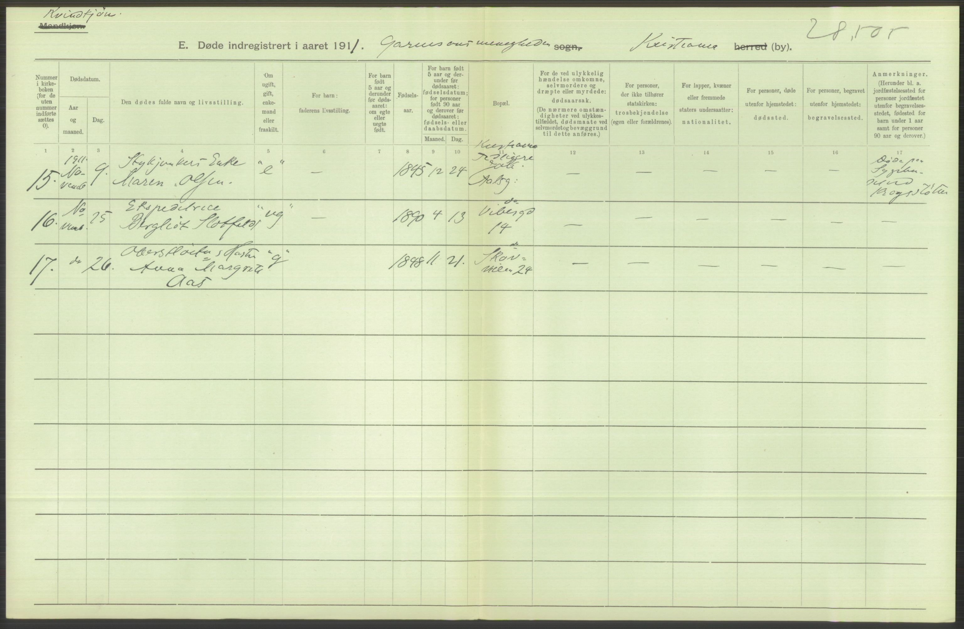 Statistisk sentralbyrå, Sosiodemografiske emner, Befolkning, AV/RA-S-2228/D/Df/Dfb/Dfba/L0010: Kristiania: Døde kvinner samt dødfødte., 1911, p. 440