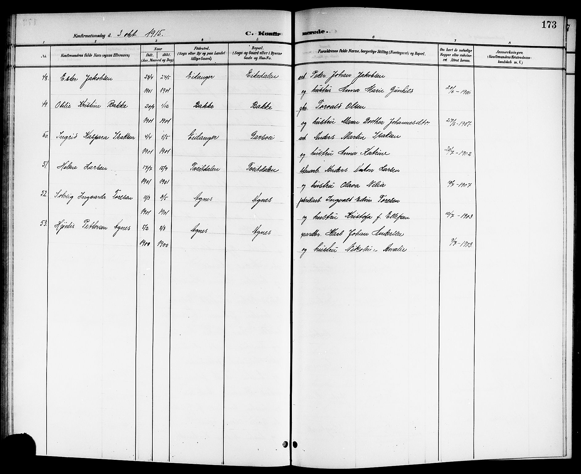 Brunlanes kirkebøker, SAKO/A-342/G/Ga/L0004: Parish register (copy) no. I 4, 1898-1921, p. 173