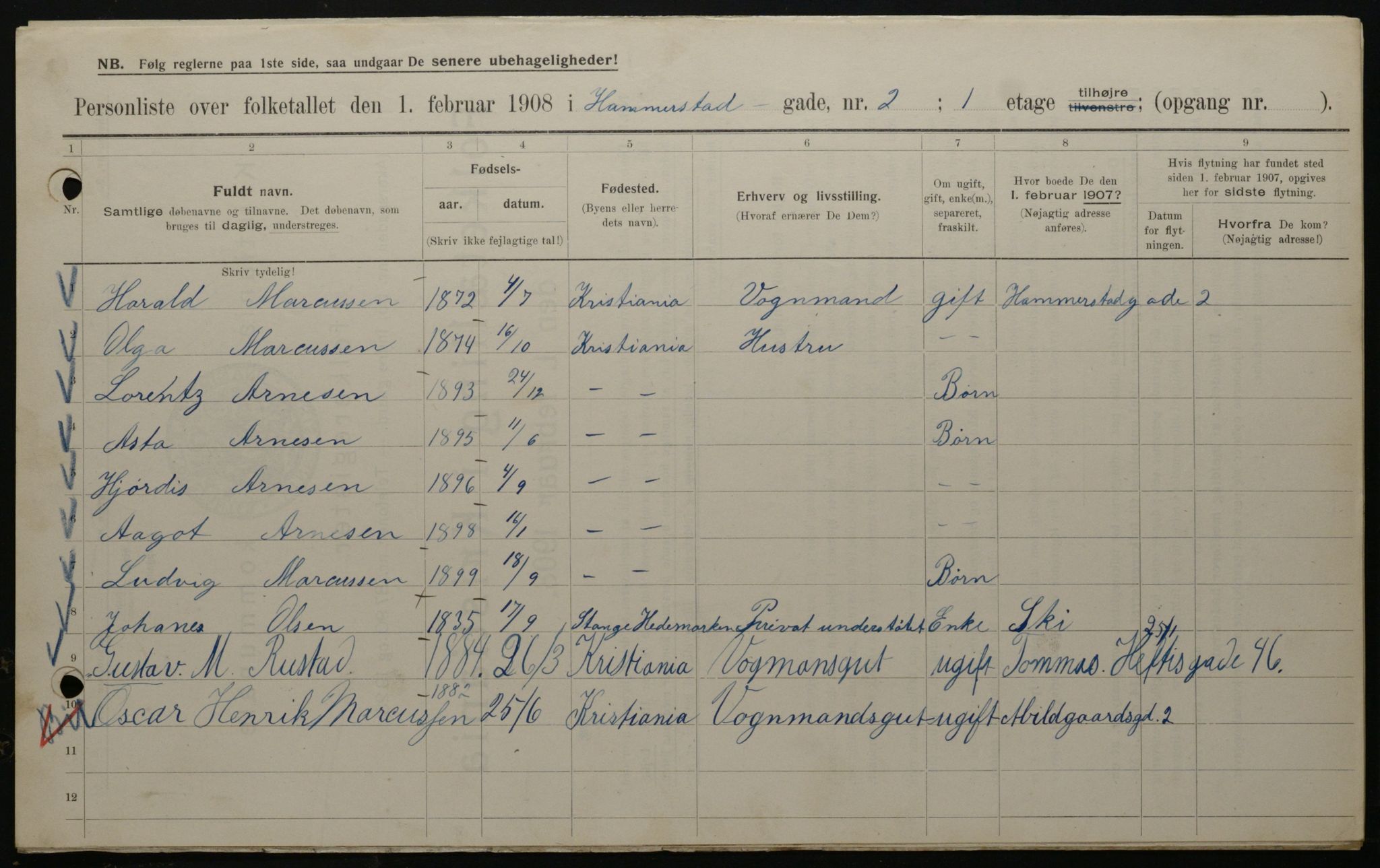 OBA, Municipal Census 1908 for Kristiania, 1908, p. 31136