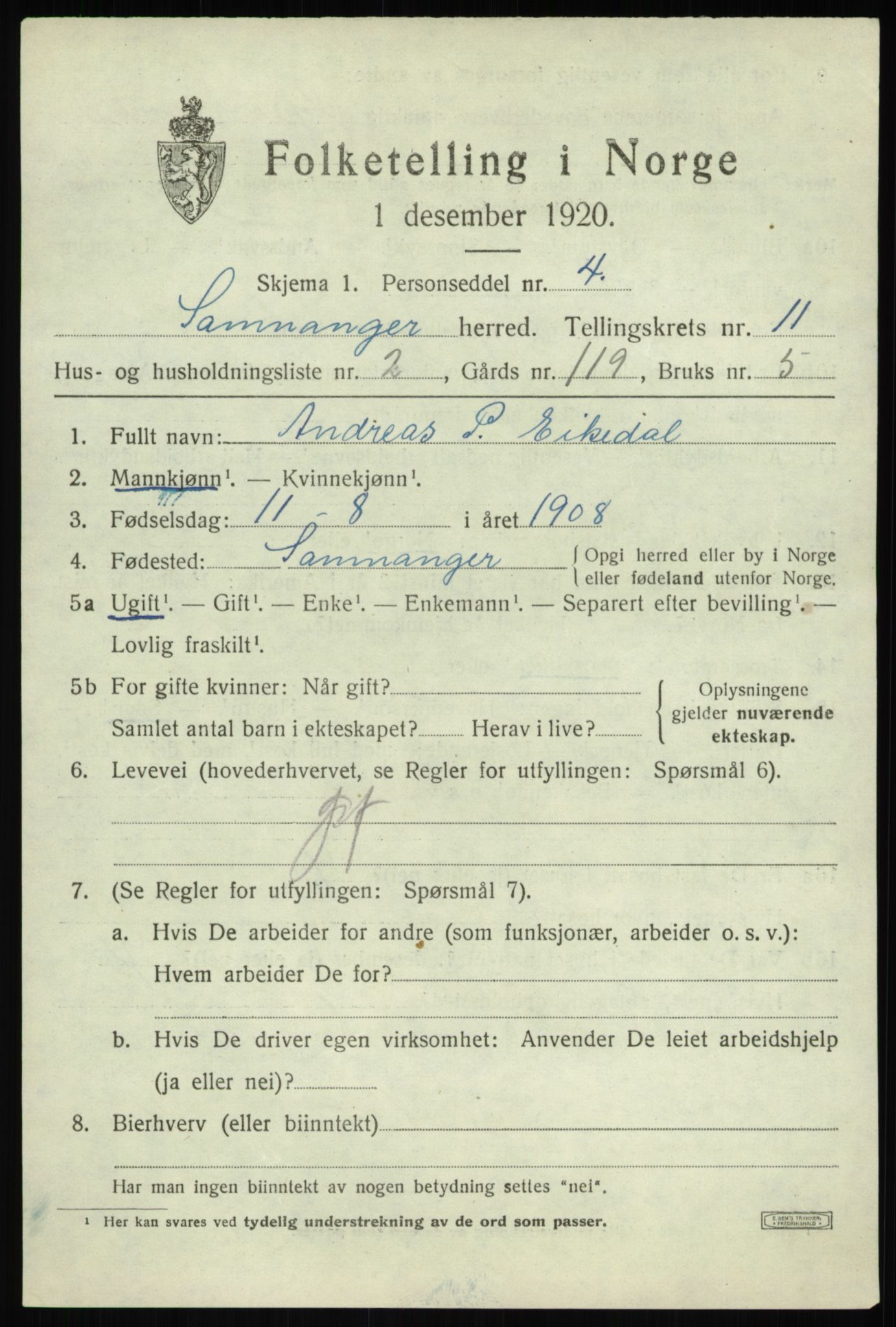 SAB, 1920 census for Samnanger, 1920, p. 4229