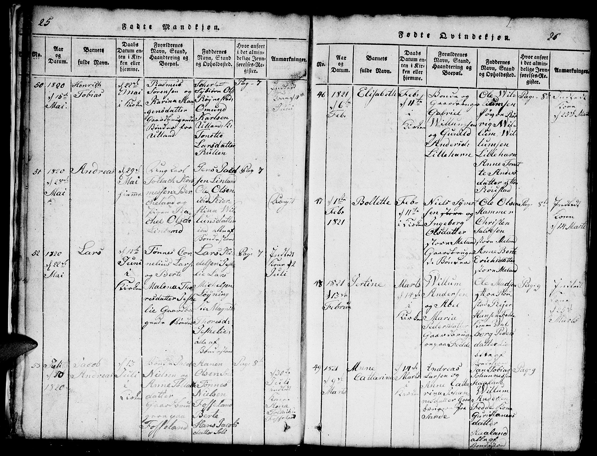 Kvinesdal sokneprestkontor, SAK/1111-0026/F/Fb/Fba/L0001: Parish register (copy) no. B 1, 1815-1839, p. 25-26