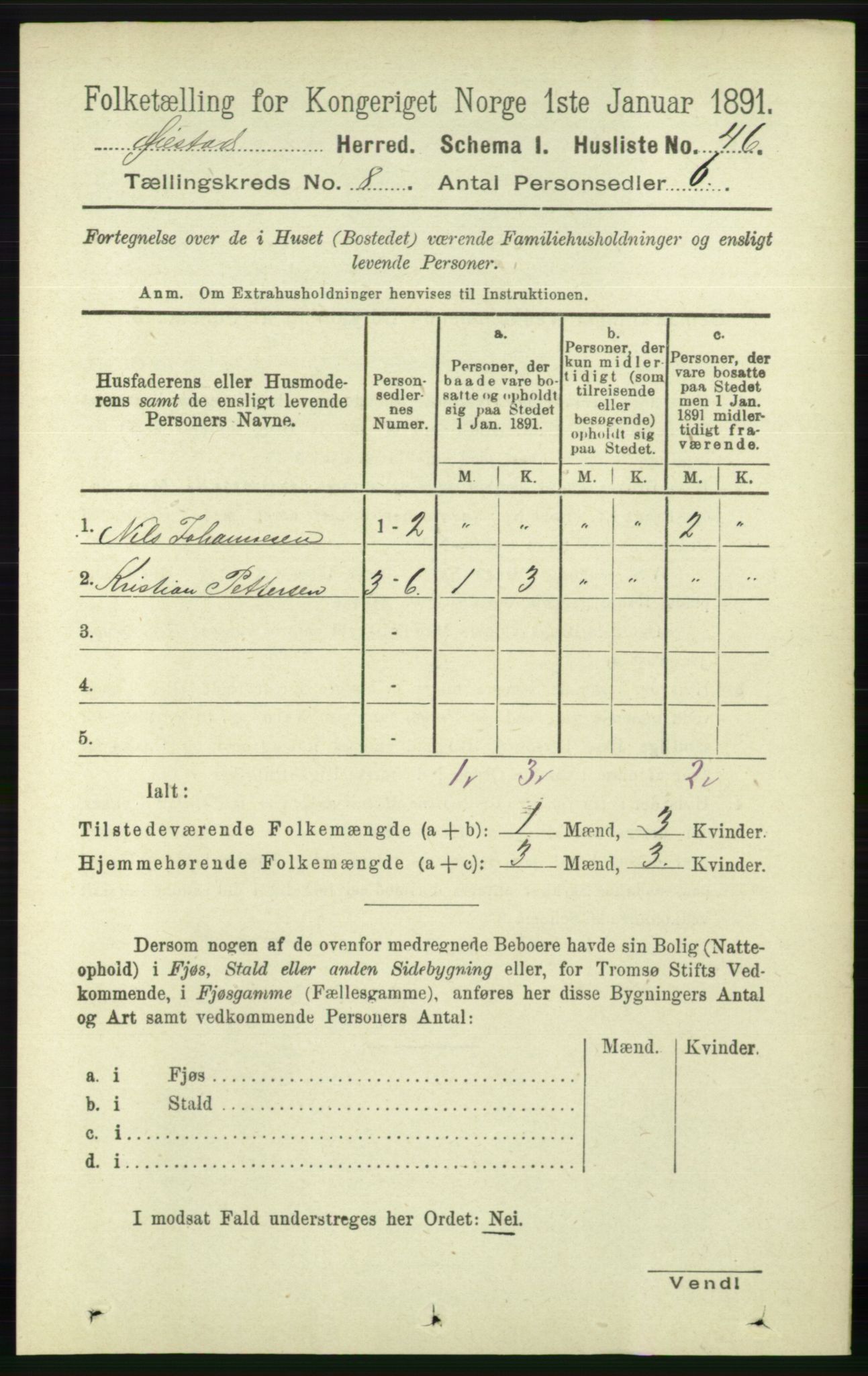 RA, 1891 census for 0920 Øyestad, 1891, p. 3180