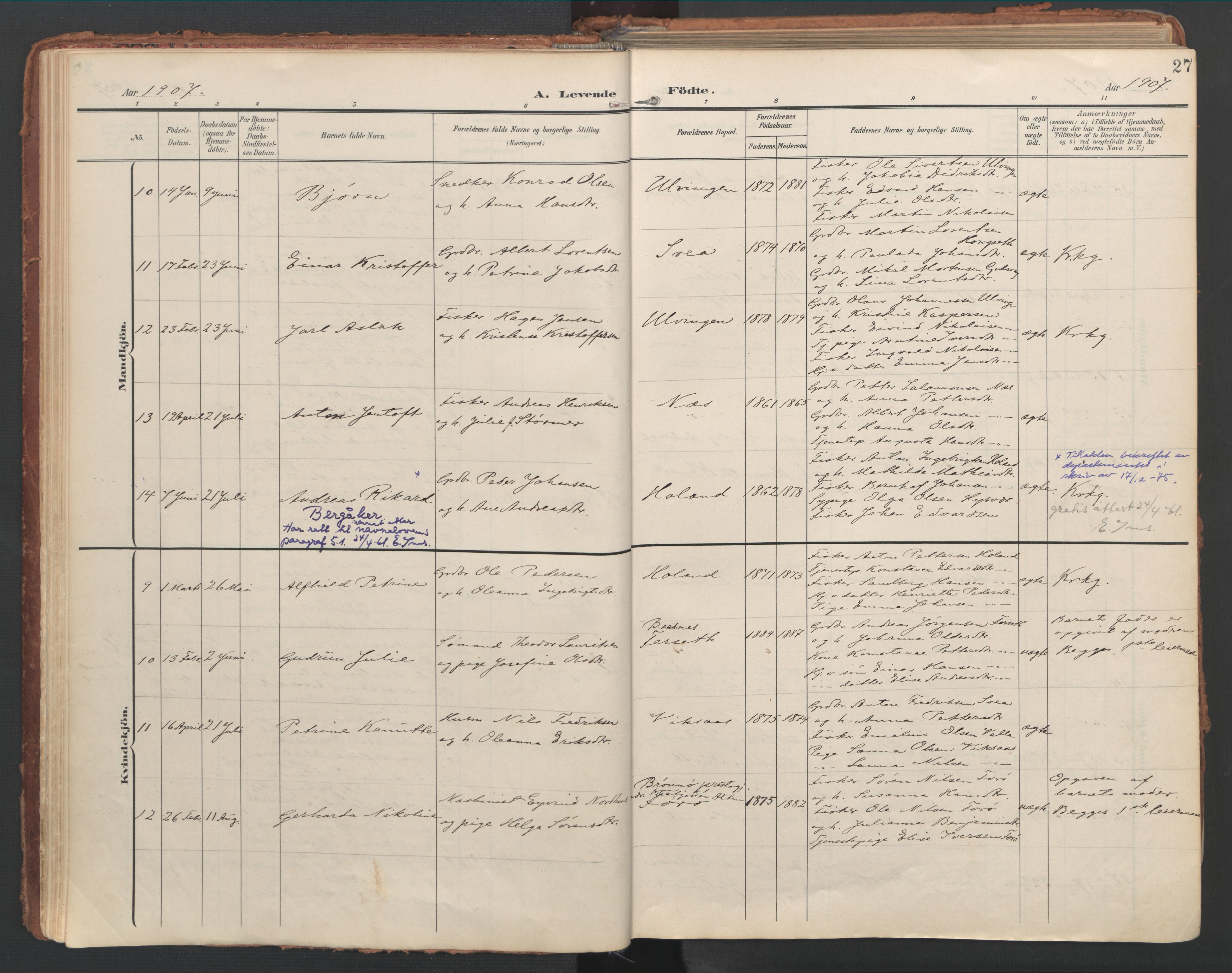 Ministerialprotokoller, klokkerbøker og fødselsregistre - Nordland, AV/SAT-A-1459/816/L0250: Parish register (official) no. 816A16, 1903-1923, p. 27