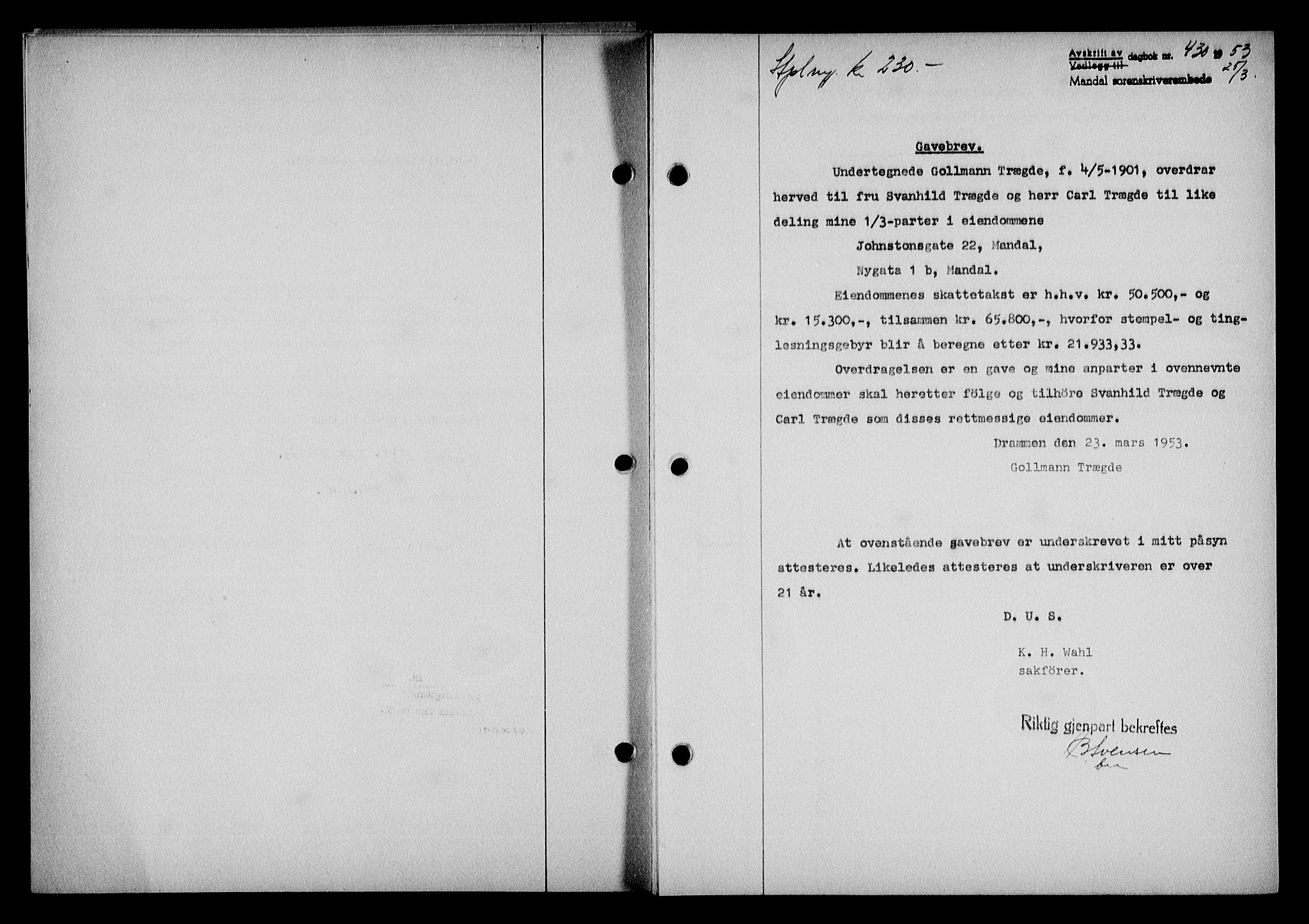 Mandal sorenskriveri, SAK/1221-0005/001/G/Gb/Gba/L0087: Mortgage book no. A-24, 1953-1953, Diary no: : 430/1953