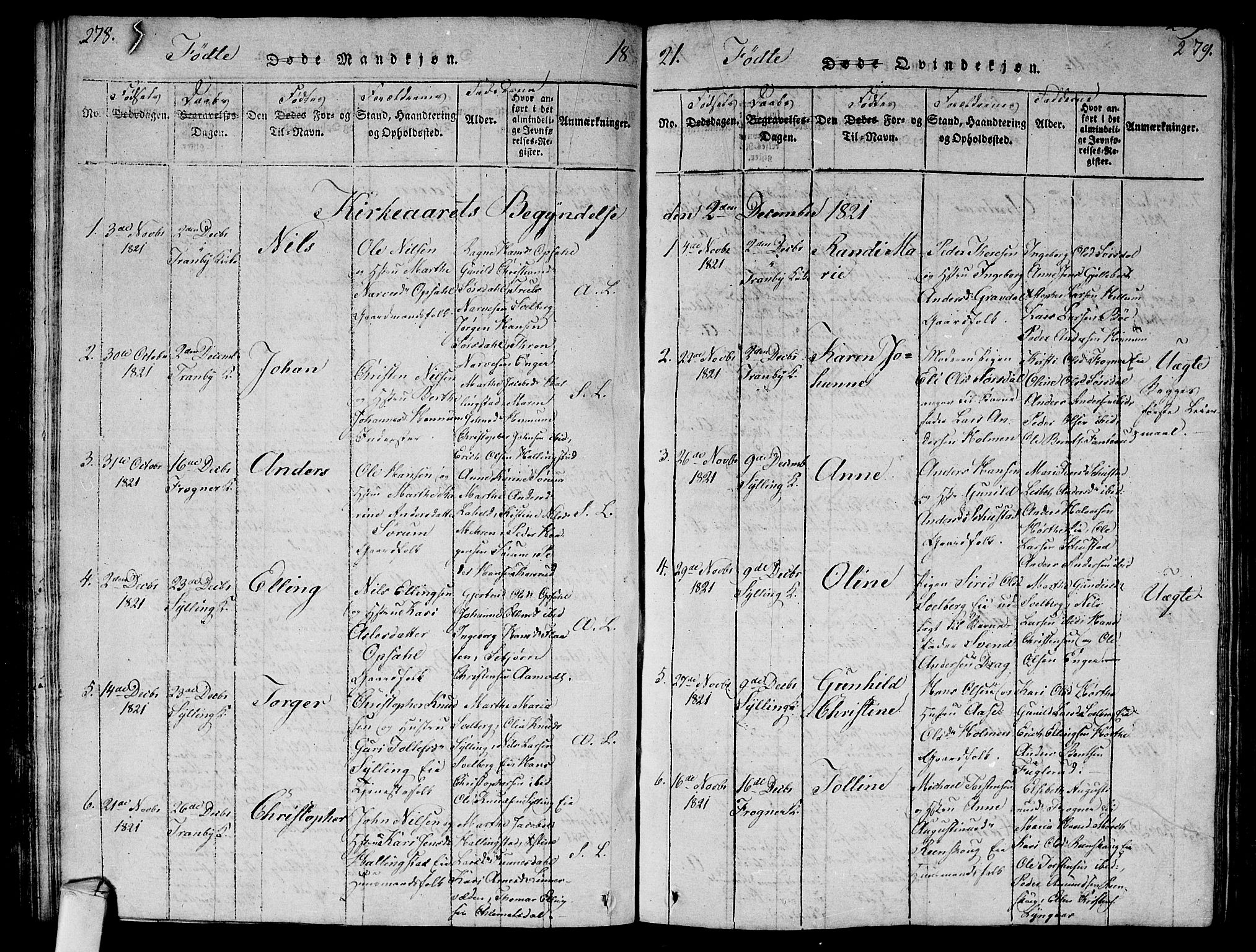 Lier kirkebøker, AV/SAKO-A-230/G/Ga/L0001: Parish register (copy) no. I 1, 1813-1824, p. 278-279