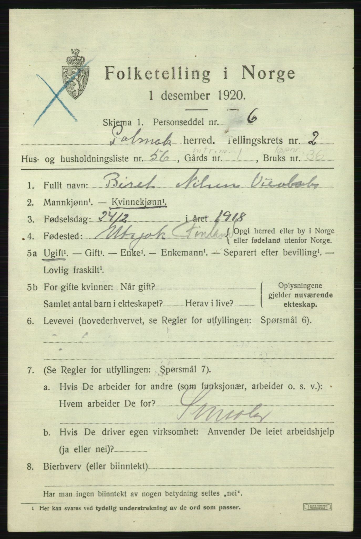 SATØ, 1920 census for Polmak, 1920, p. 1321