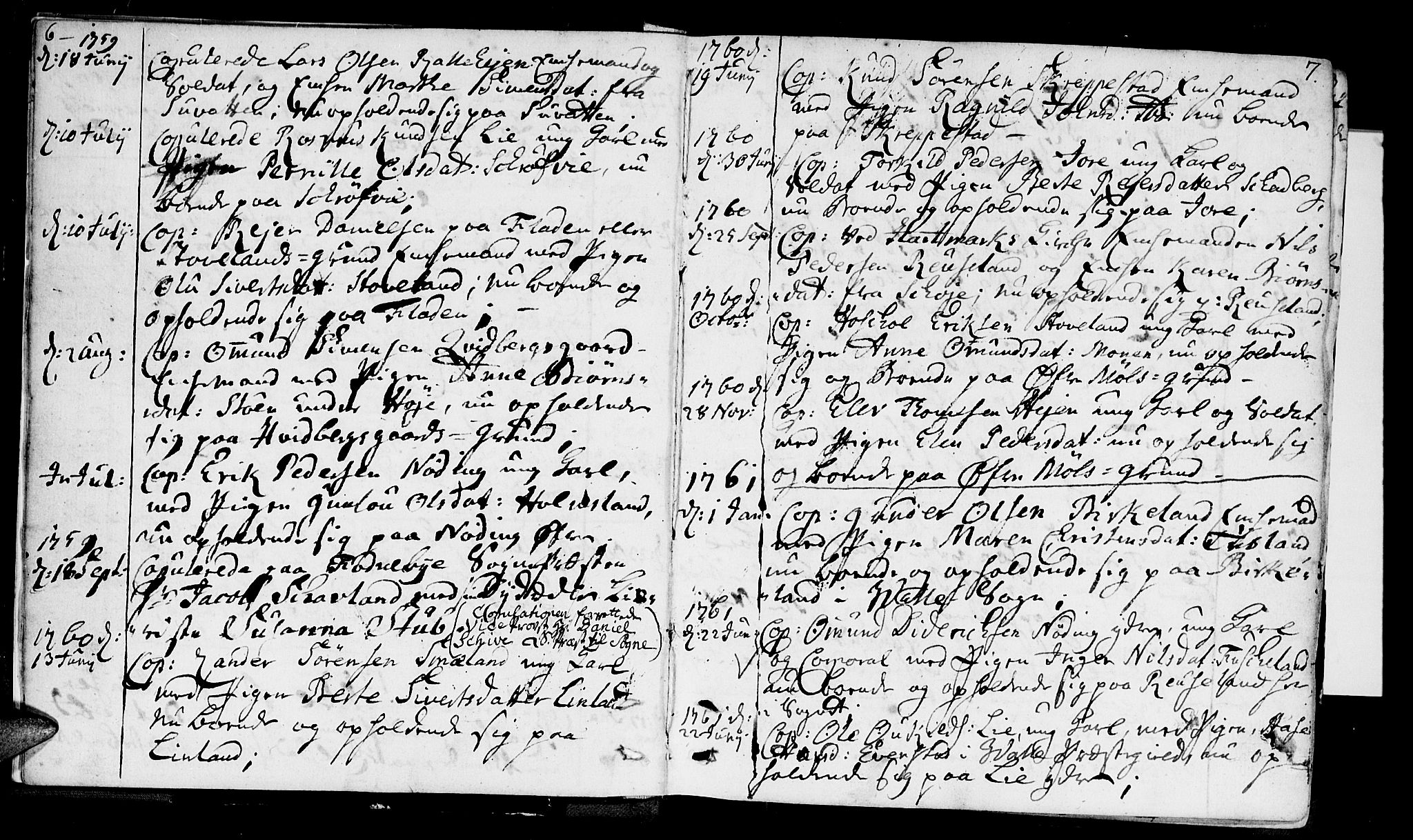 Holum sokneprestkontor, SAK/1111-0022/F/Fa/Faa/L0002: Parish register (official) no. A 2, 1756-1780, p. 6-7