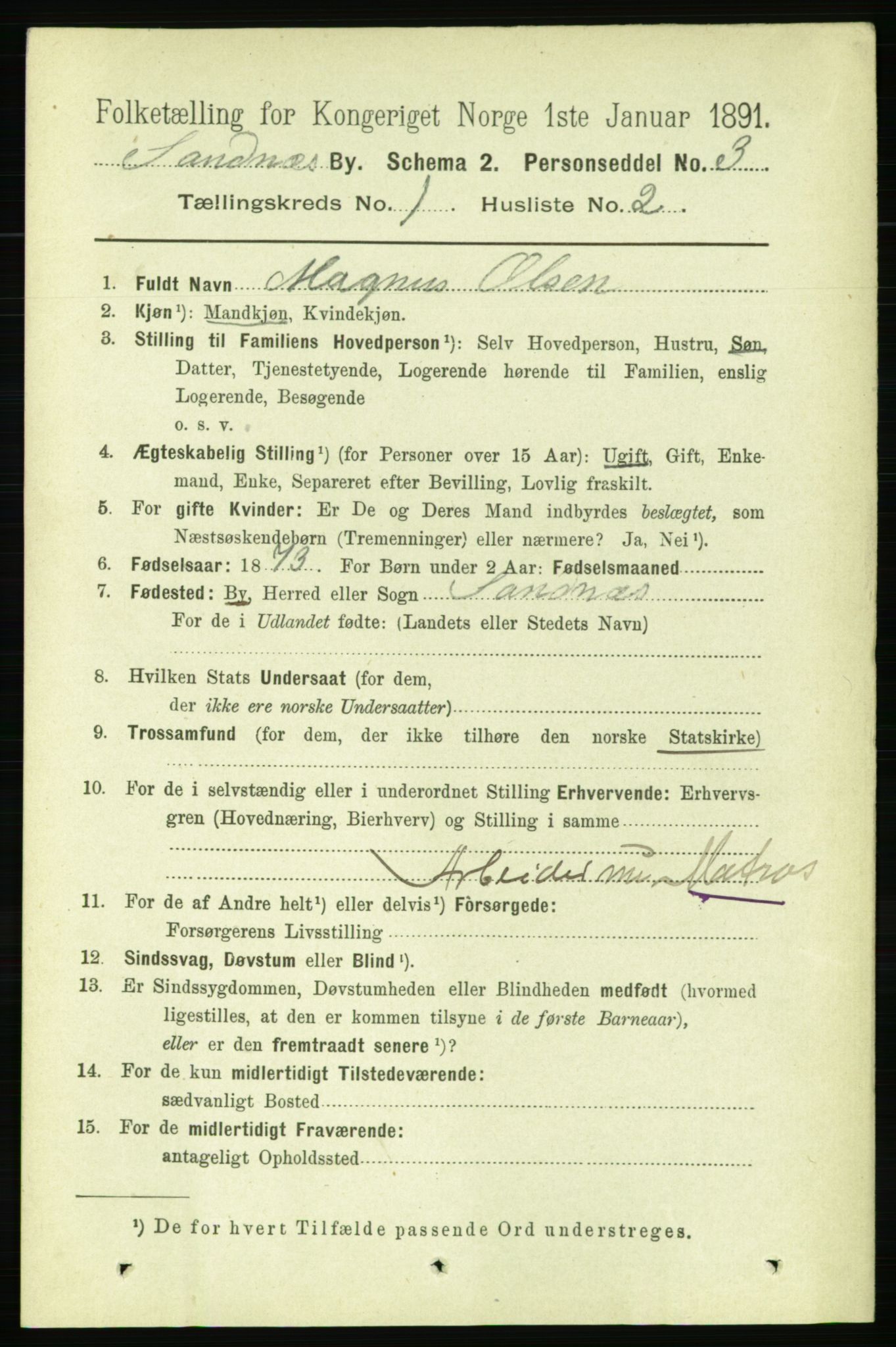 RA, 1891 census for 1102 Sandnes, 1891, p. 487