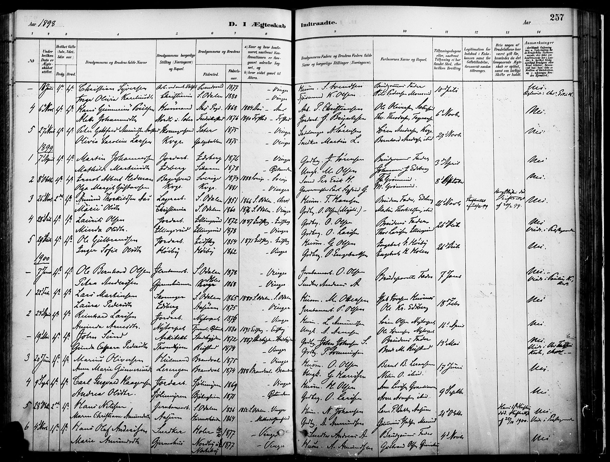 Vinger prestekontor, SAH/PREST-024/H/Ha/Haa/L0014: Parish register (official) no. 14, 1881-1900, p. 257