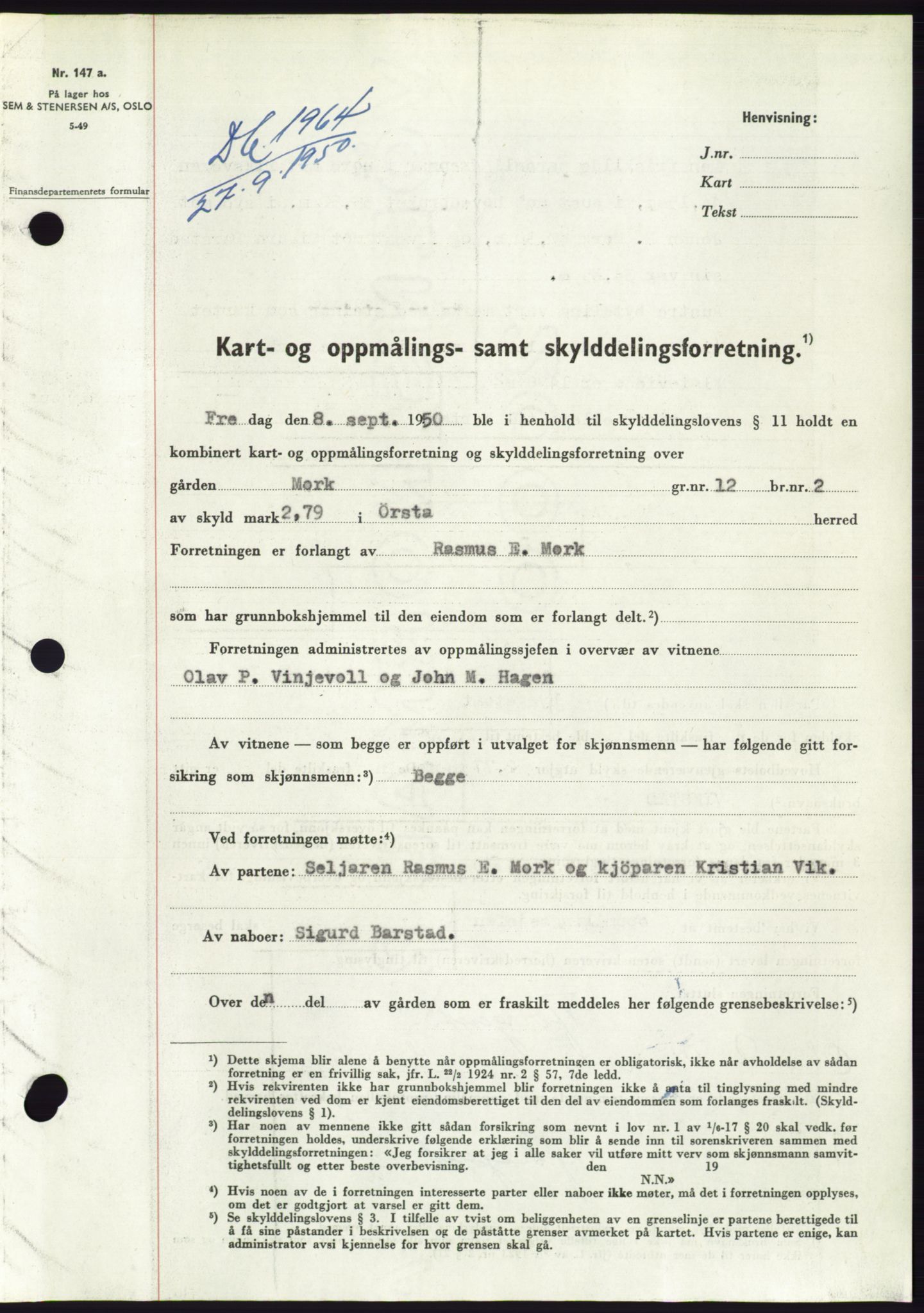 Søre Sunnmøre sorenskriveri, AV/SAT-A-4122/1/2/2C/L0087: Mortgage book no. 13A, 1950-1950, Diary no: : 1964/1950