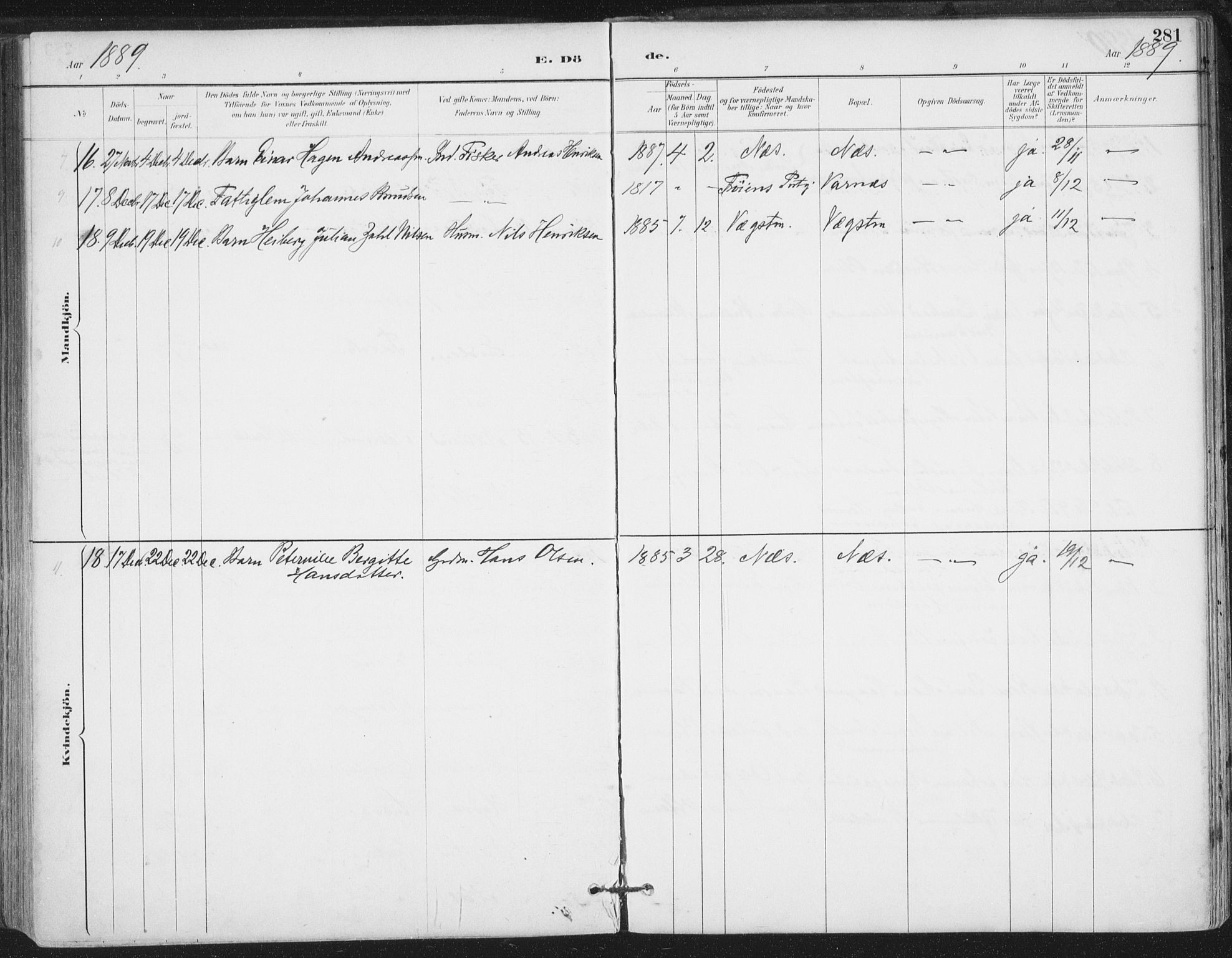 Ministerialprotokoller, klokkerbøker og fødselsregistre - Nordland, AV/SAT-A-1459/816/L0244: Parish register (official) no. 816A10, 1886-1903, p. 281