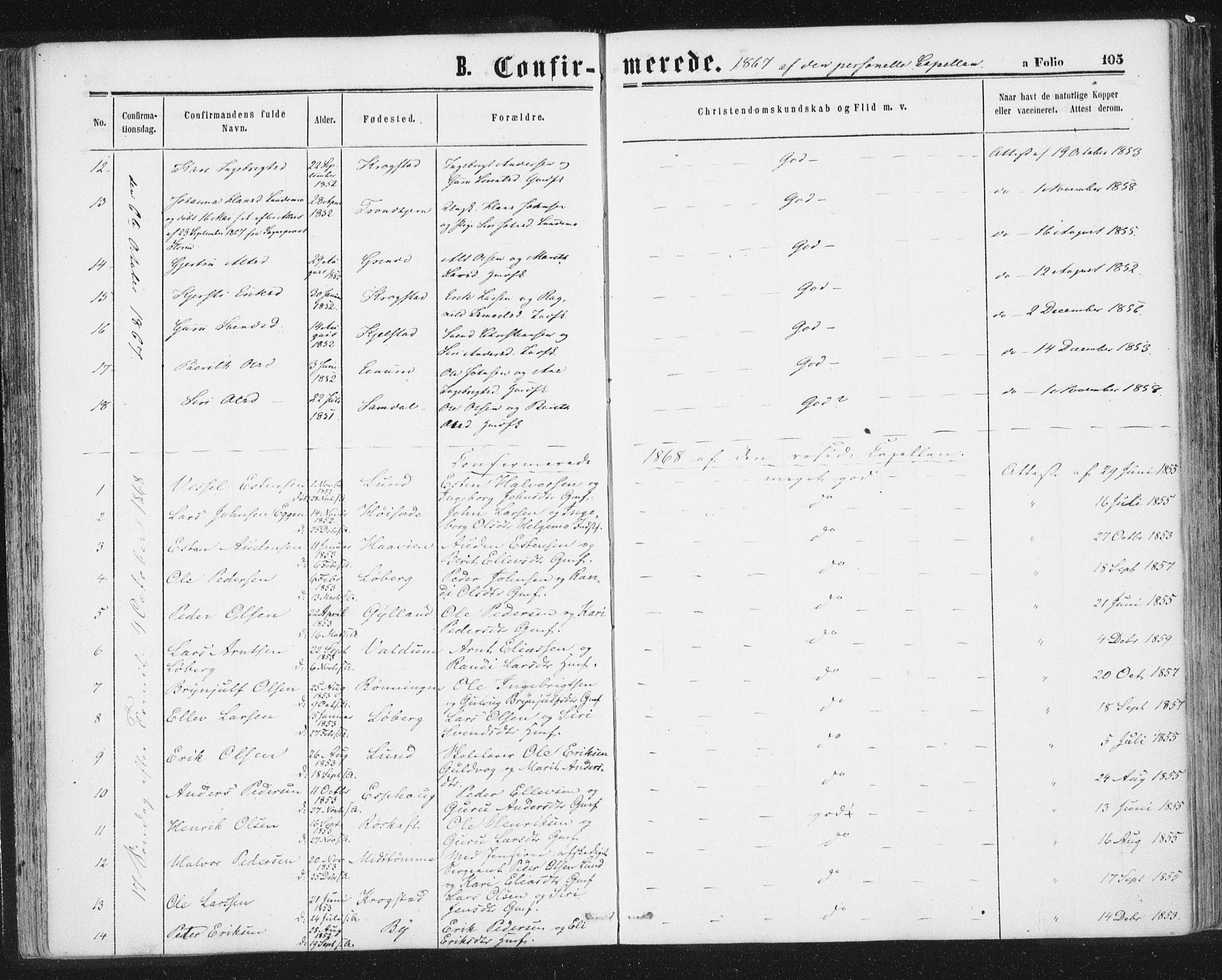 Ministerialprotokoller, klokkerbøker og fødselsregistre - Sør-Trøndelag, AV/SAT-A-1456/692/L1104: Parish register (official) no. 692A04, 1862-1878, p. 105