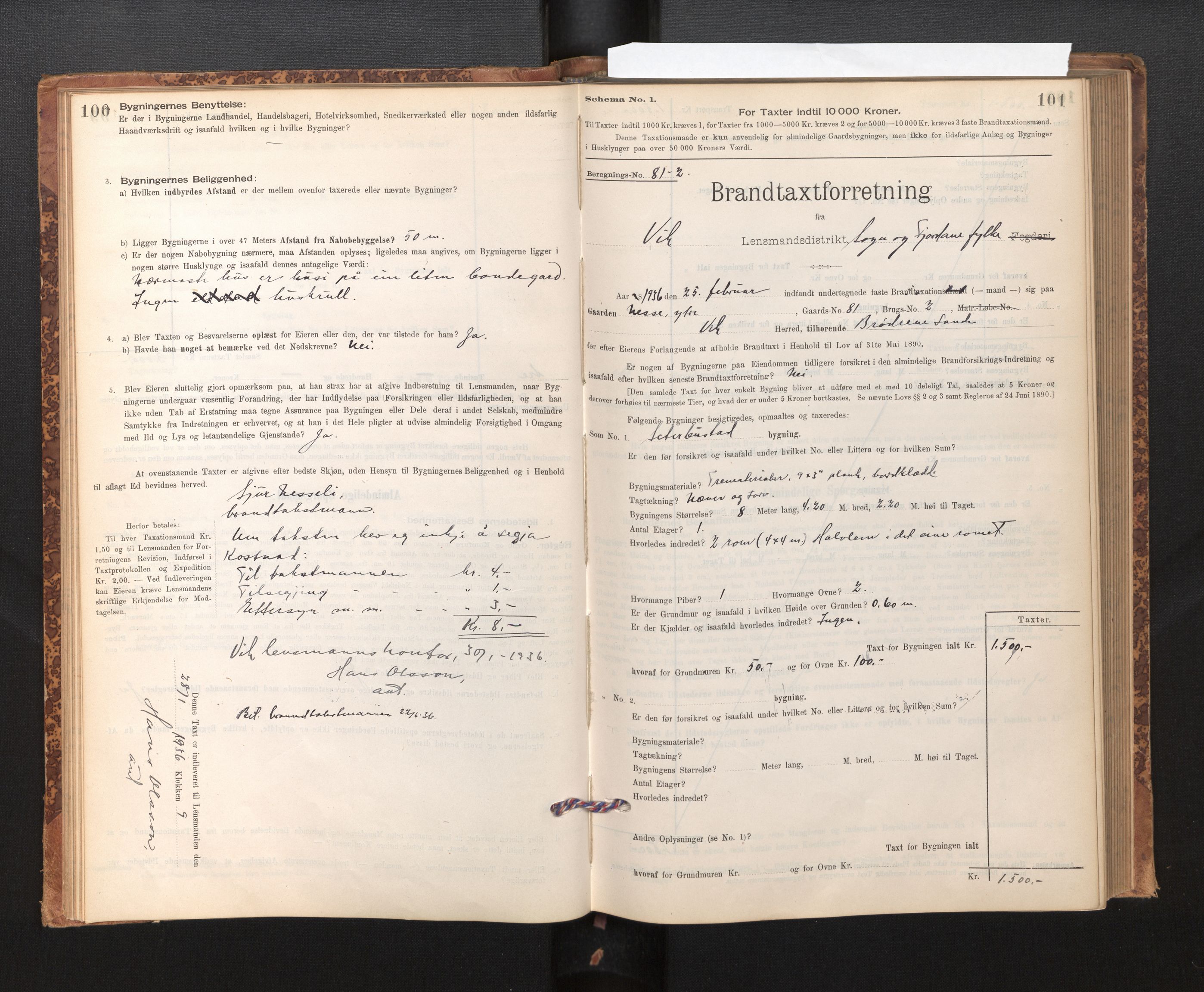 Lensmannen i Vik, SAB/A-30301/0012/L0006: Branntakstprotokoll, skjematakst, 1896-1949, p. 100-101