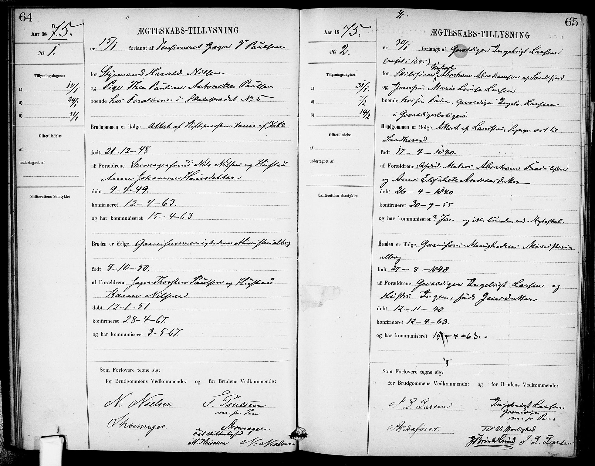 Garnisonsmenigheten Kirkebøker, SAO/A-10846/H/Ha/L0007: Banns register no. I 7, 1872-1893, p. 64-65