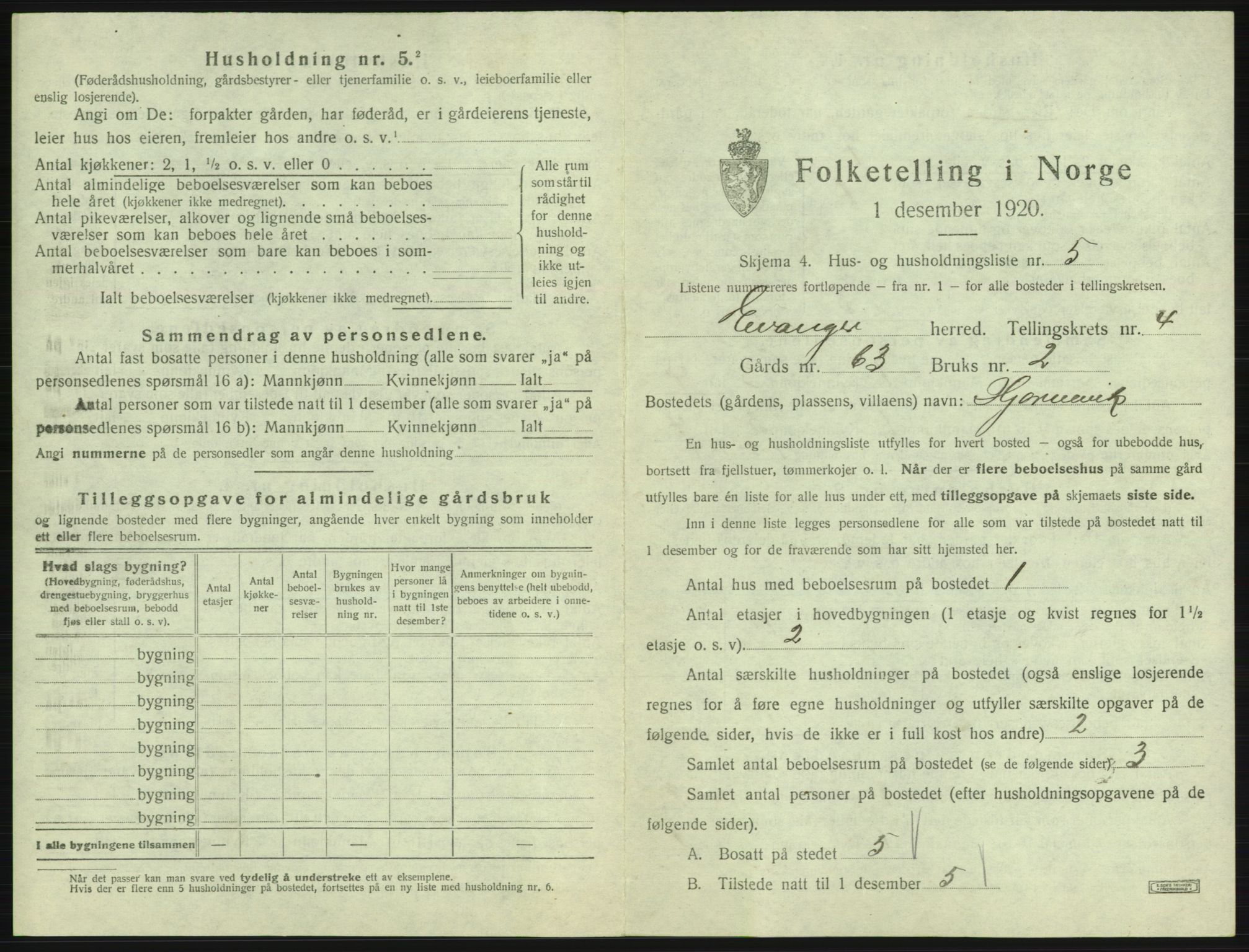 SAB, 1920 census for Evanger, 1920, p. 185